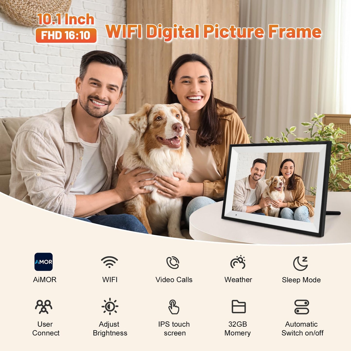 Anna Bella Digital Photo Frame 10.1 Inch with 1280x800 HD IPS Touch Screen, 32GB WiFi Digital Picture Frame with App Sharing, Auto-Rotate Photo Frame with Sleep Mode, Gift for Parents, Friends