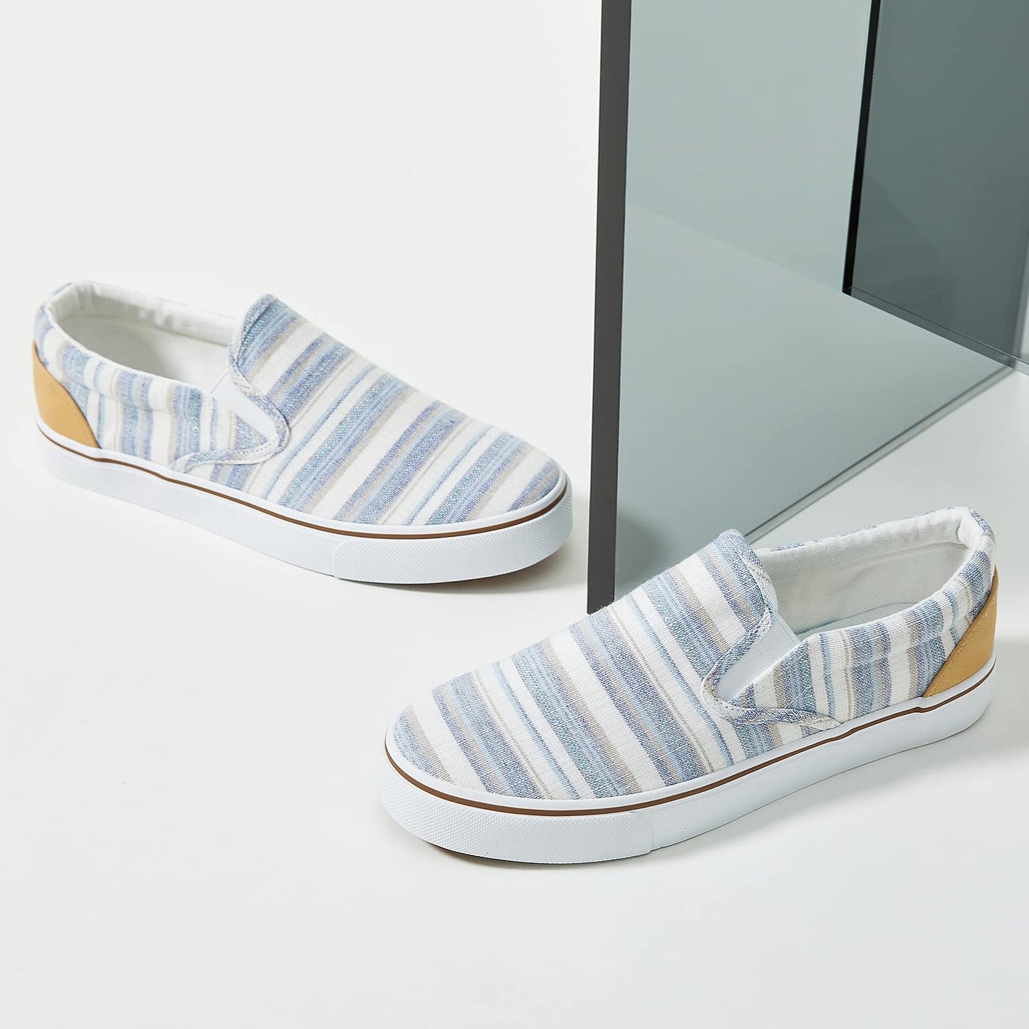 Women's Slip on Shoes Canvas Sneakers Loafers Non Slip Shoes Low Top Casual Shoes, Light Blue Stripes, 7.5