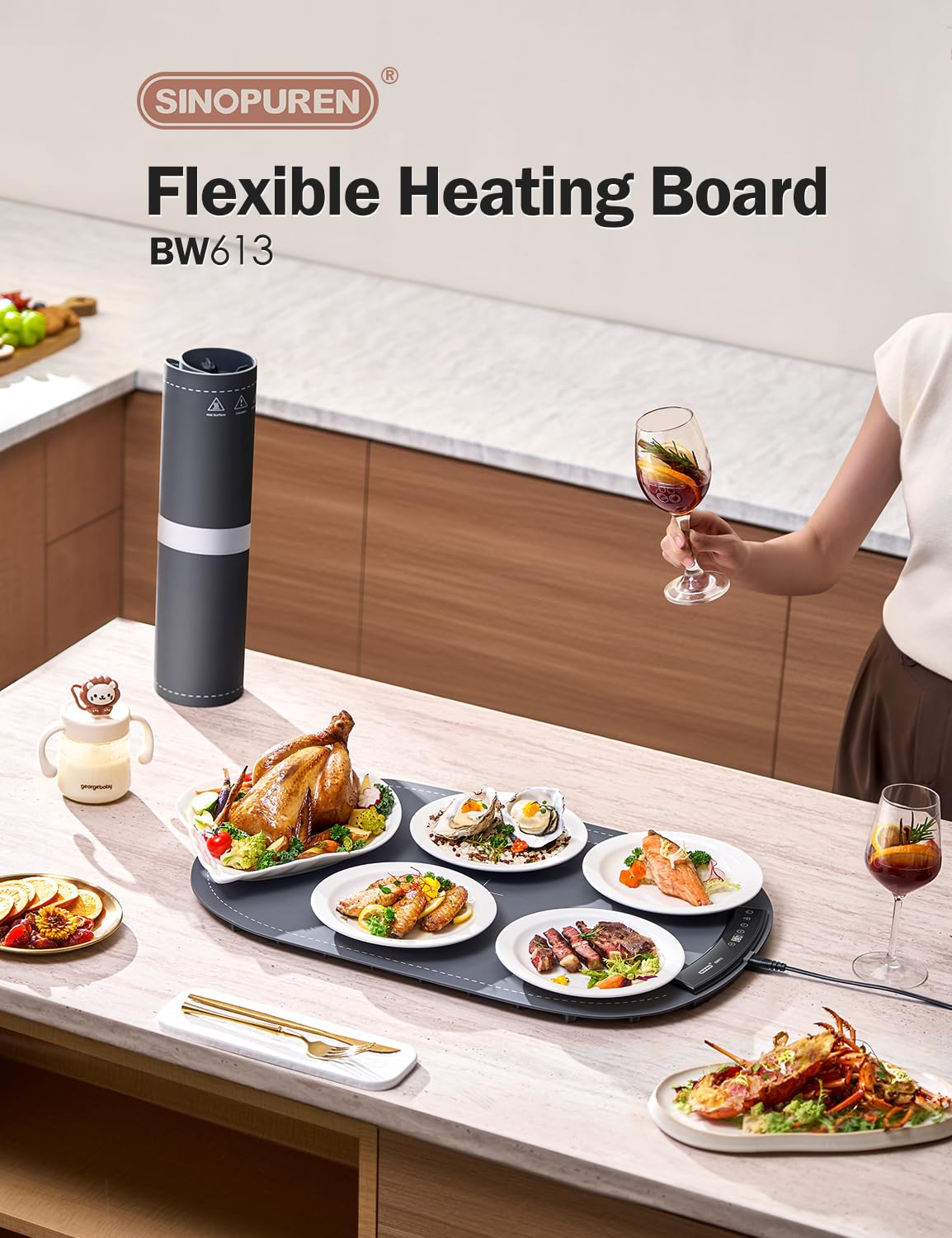 SINOPUREN Electric Food Warming Mat - Fast Heating Silicone Warming Tray, Portable & Roll-Up Design, Waterproof, Perfect for Parties, Buffets, Home & Travel (7 Temp Levels)