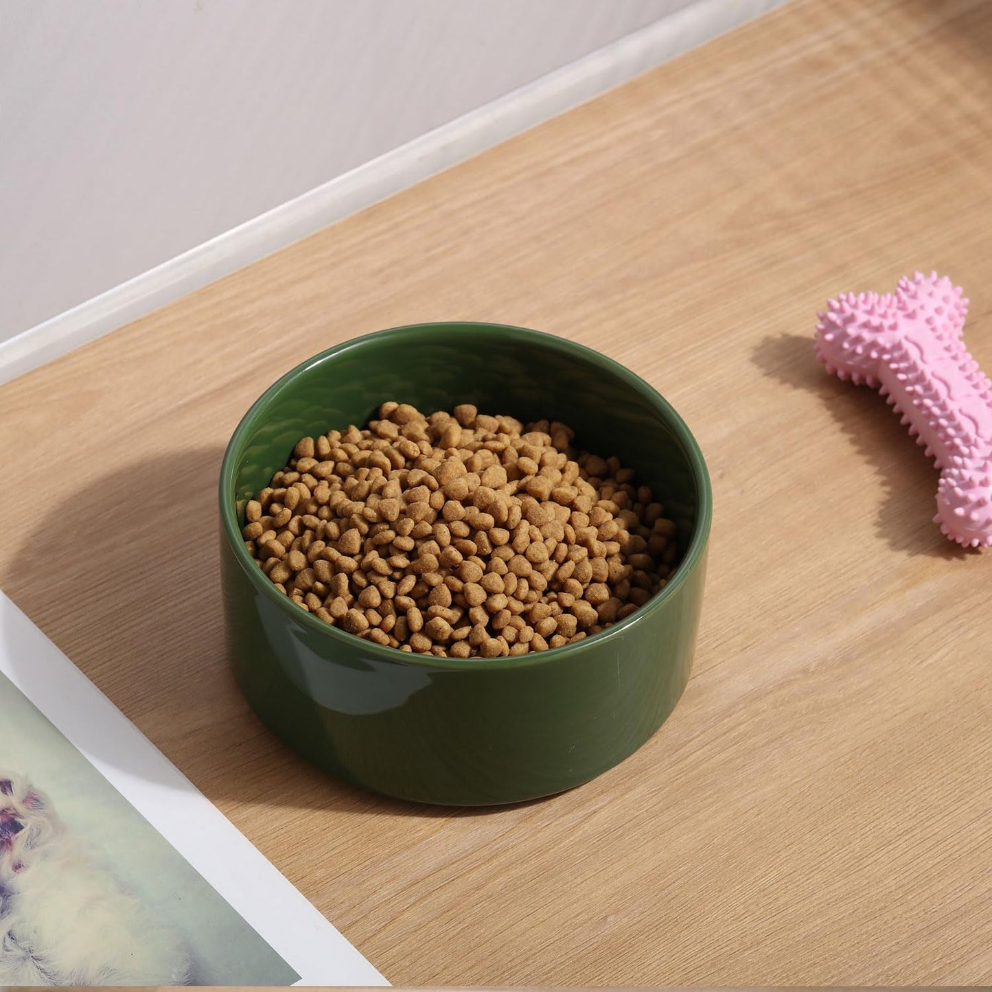 Petygooing Dog Bowls,Ceramic Cat Dog Dish Set with Wood Stand for Food Water,Non-Slip Weighted Cute Modern Pet Feeder for Cat & Small Medium Dogs(28OZ/6.1) Rust Green