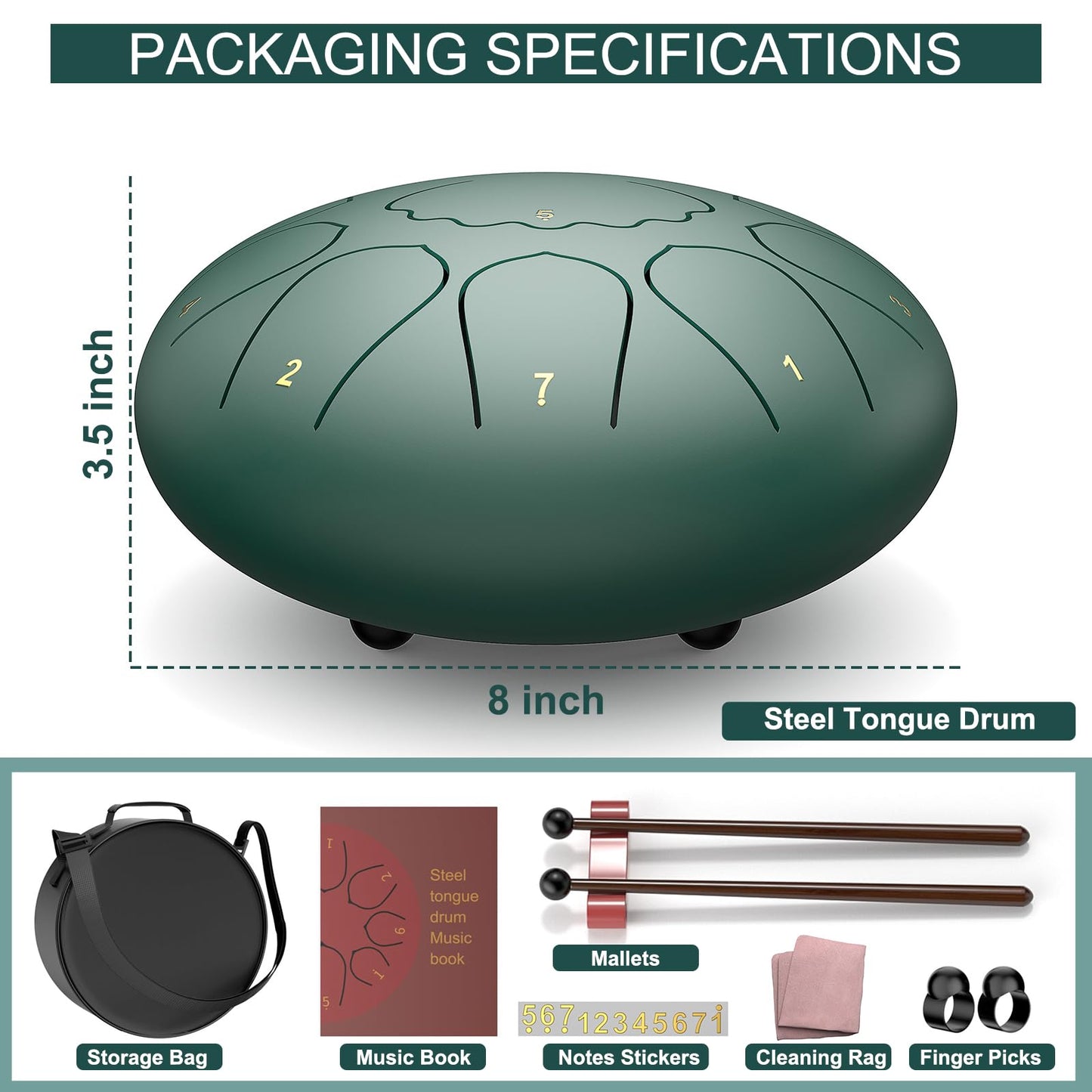 Rain Drum for Outside Garden, 8 Inches 11 Notes Steel Tongue Drum, Waterproof Meditation Rain Chime, Musical Instruments for Adult Gift with Bag, Music Book, Mallets (Green)