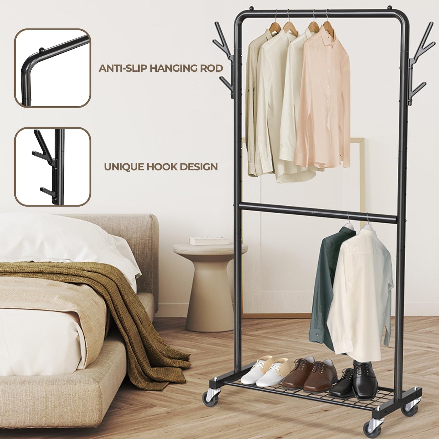 Simple Houseware Double Rod Clothes Rack with Wheels, Hooks & Shelves, Heavy-Duty Metal Garment Rack Organizer, Black
