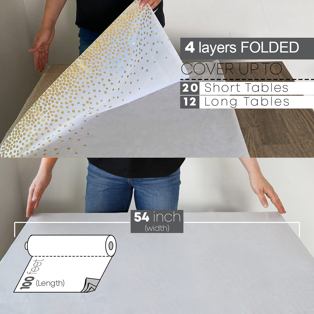 Neatiffy Disposable Plastic Table Cloth Roll | Waterproof Tablecloth | Table Cover for Rectangle, Square, Round Oval Tables | Picnic, Party, Banquet, Birthdays, Weddings (White with Golden dots)