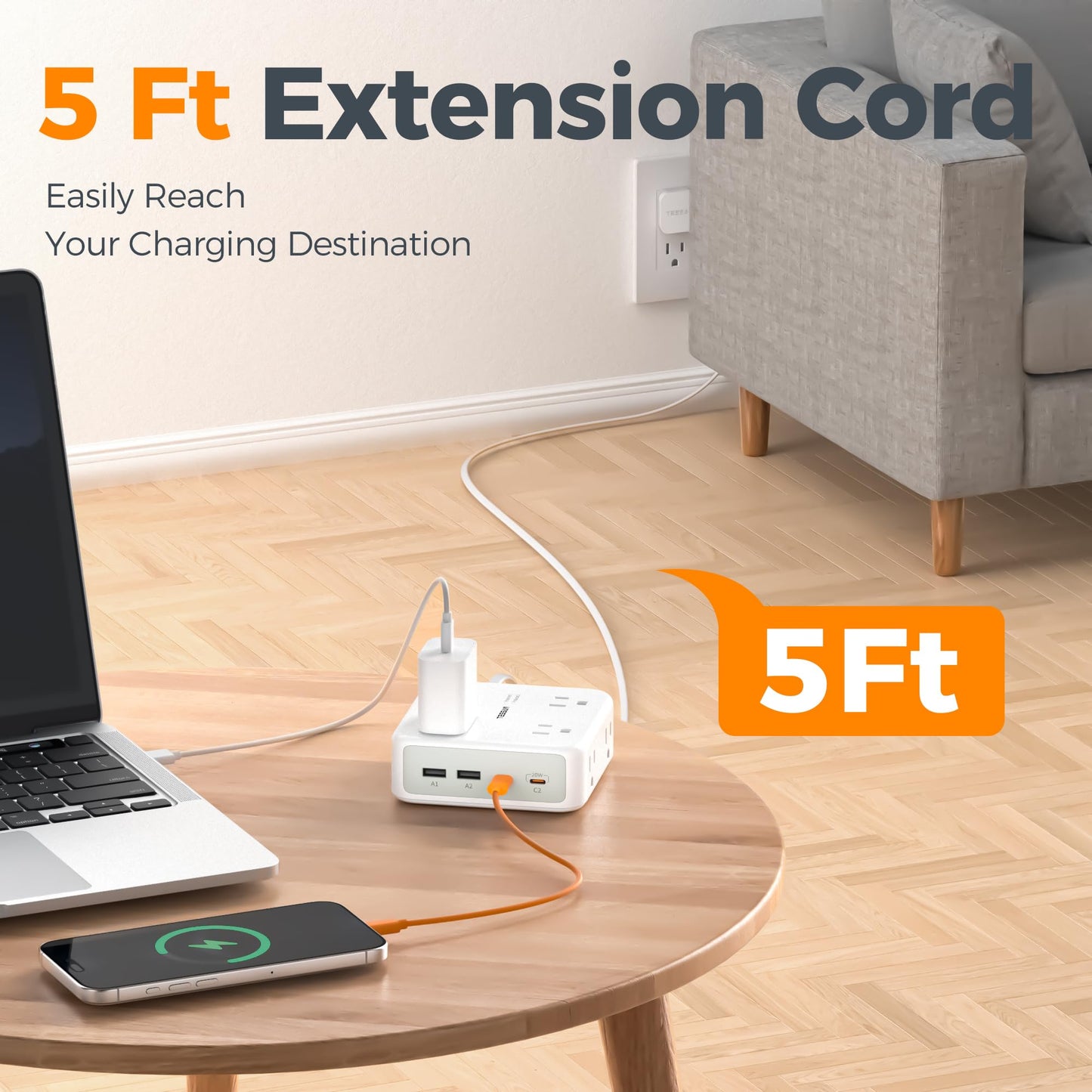 5ft Flat Plug Extension Cord Indoor, TESSAN Surge Protector Power Bar with 4 USB (2 USB C), Power Strip with 8 Multi Plug Outlets, Charging Station Wall Mount for Dorm Room Home Office