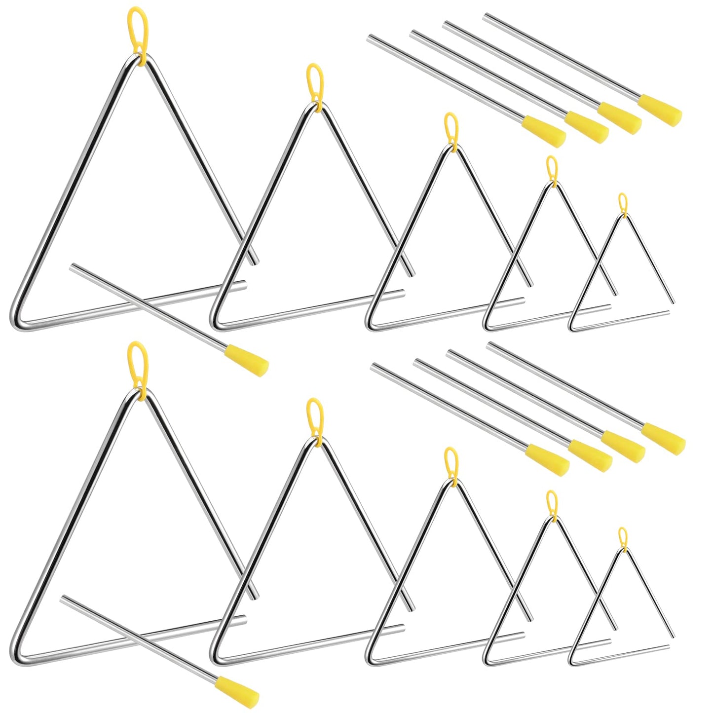 SINJEUN 10 Pack Musical Steel Triangle Percussion Instrument, 4, 5, 6, 7, 8 Inches Triangle Musical Instrument with Striker and Finger Holder, for Music Learning and Teaching