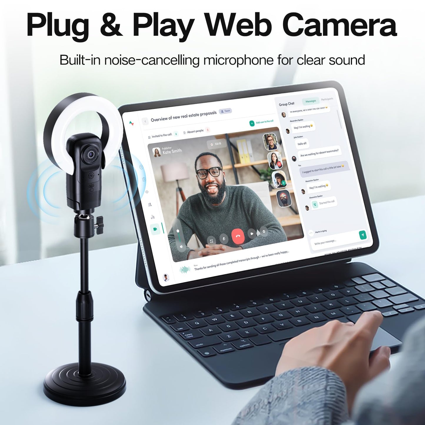 4K Webcam with Light, Webcam for PC with Microphone, Plug and Play, USB Computer Camera for Desktop, Auto-Focus, Web Camera for Desktop Computer Zoom Skype