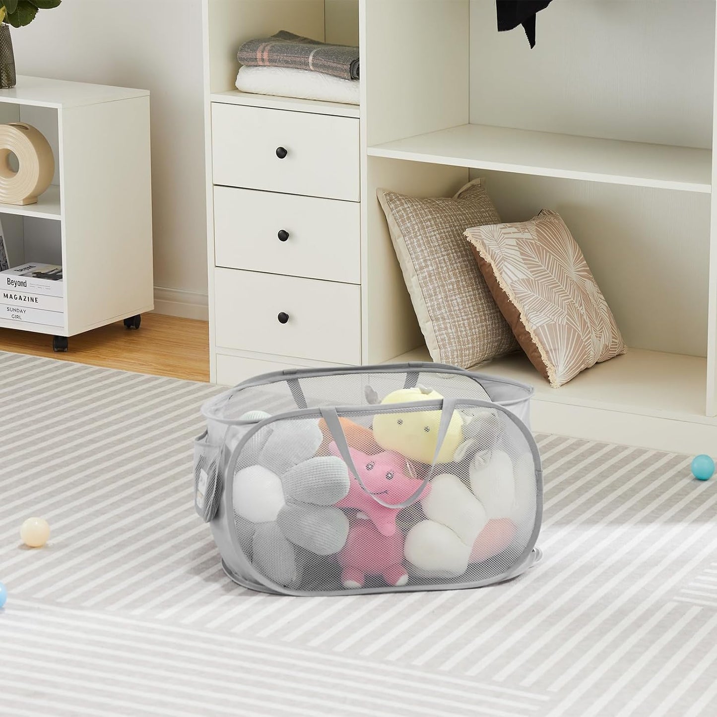 Collapsible Mesh Pop Up Laundry Basket with Durable Handles and Pockets, Portable, Foldable, Deluxe Clothes Hamper for Travel, Laundry Room, Dorm or Bathroom, Space Saving Organizer, Grey, 3 Pack…