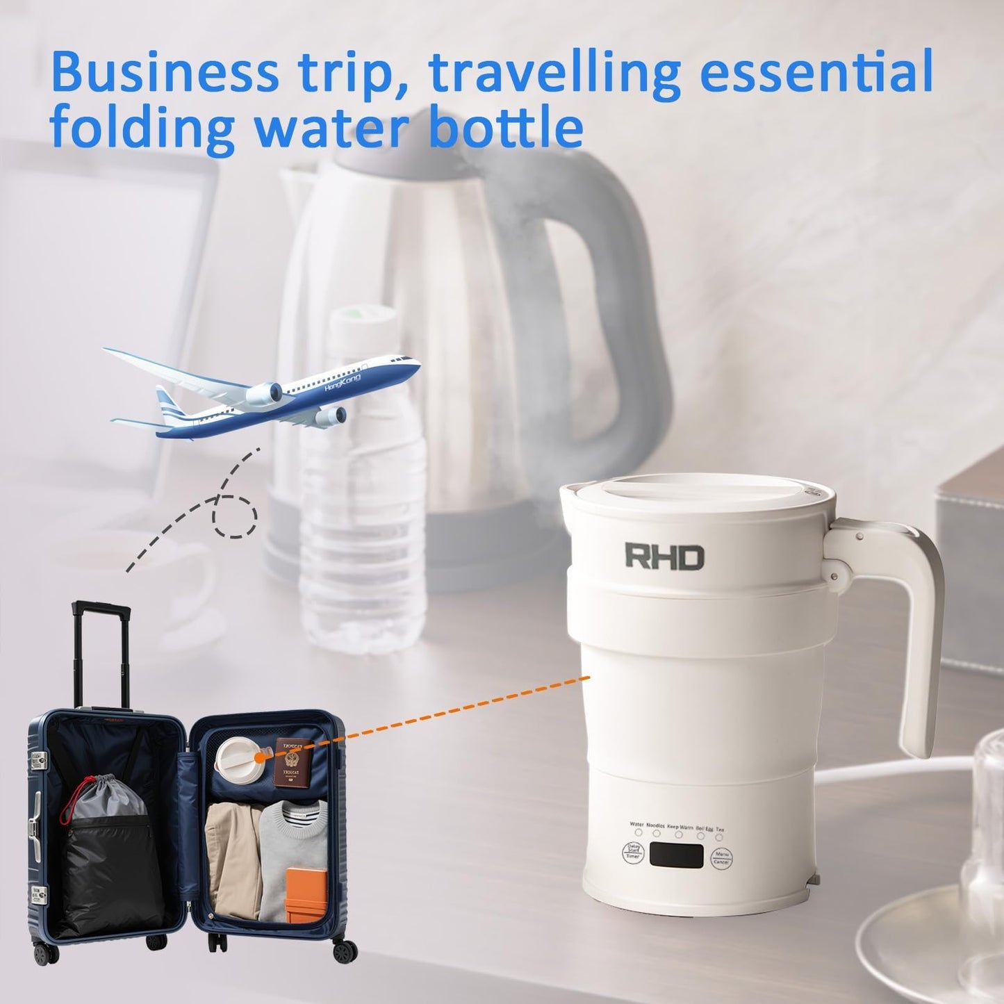 Foldable Travel Electric Kettle, 0.7L Small Portable Camping Hot Water Kettle with Temperature Control & LED Display, Collapsible Silicone Boiler for Outdoor Business Trip, 600W