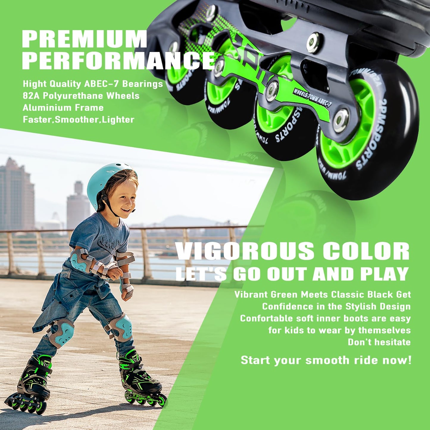 2PM SPORTS Torinx Green Black Boys Adjustable Inline Skates, Fun Roller for Kids, Beginner Roller Skates for Girls, Men and Ladies - Green Medium