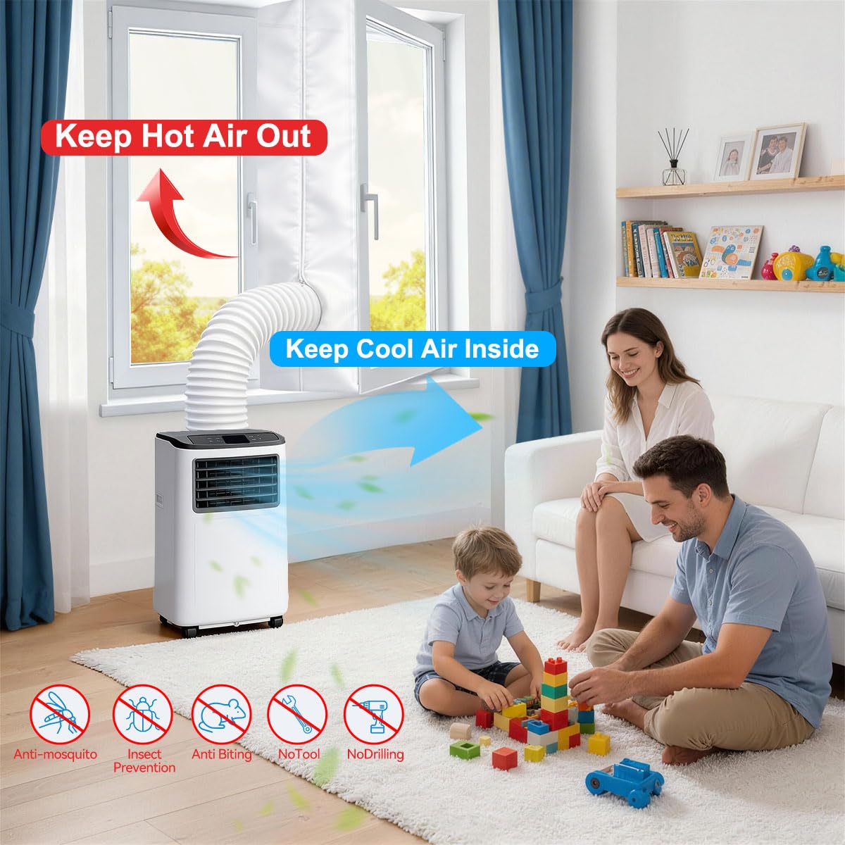 Gruntbear Portable Air Conditioner Window Seal, 500CM (197'') AC Casement Window Seal Kit, Hot Air Stop Air Exchange Guards with Zip and Adhesive Fastener Works with Tumble Dryer, Keep House Cool