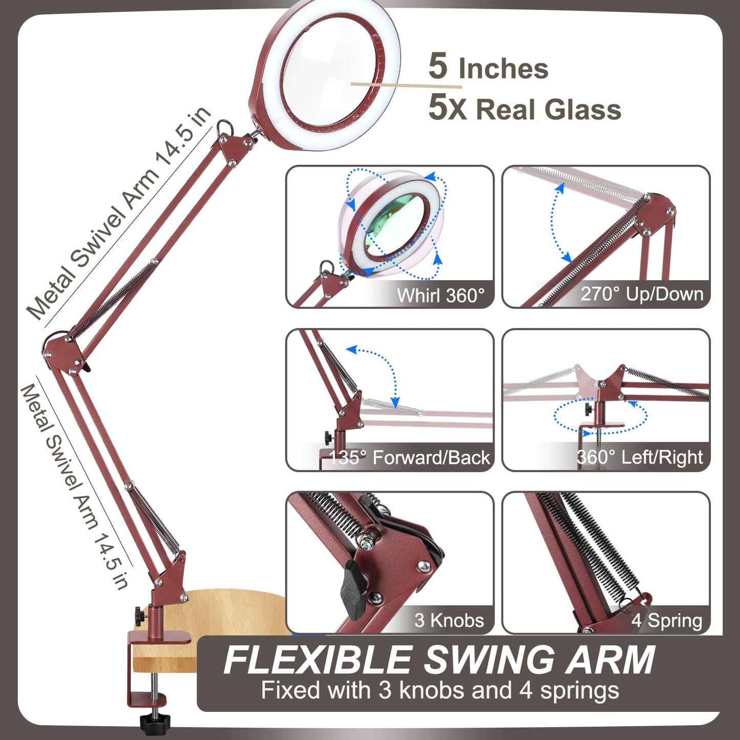 5 Inch Large Magnifying Glass with Light and Stand, 5 Color Modes Stepless Dimmable, Long Swivel Arm LED Clamp Desk Lamp, Hands Free 10X Lighted Magnifier for Close Work Craft Hobby Soldering - Red