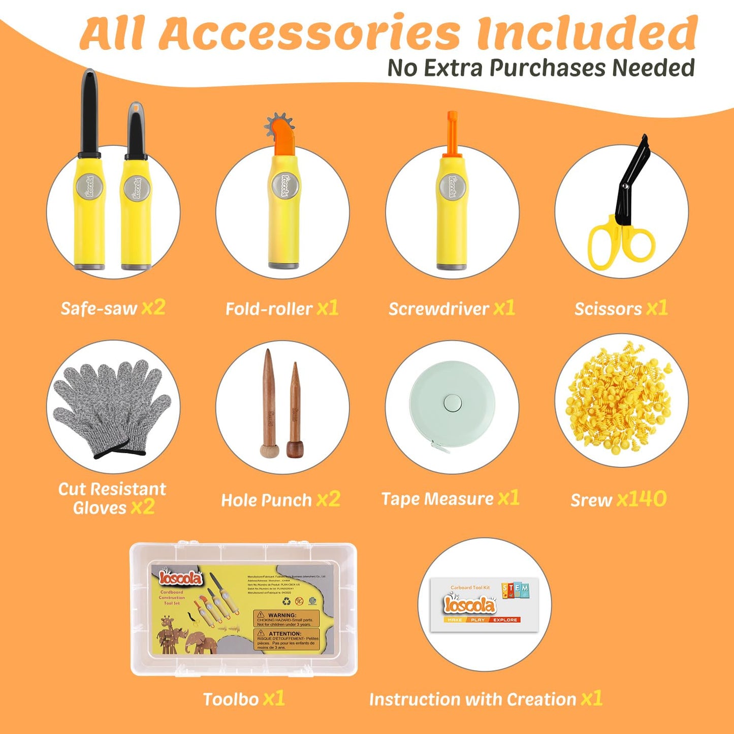 Cardboard Cutter Tools for Kids - 153 Pcs Kids Safe Cardboard Cutter with Saws, Fold-Roller, Cut Resistant Gloves, Tape Measure & More, Construction Toys Kit for 5+ Boys and Girls