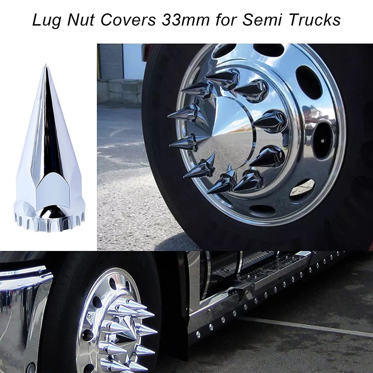 Semi Truck Lug Nut Covers Spike 33mm, Chrome Thread On Spiked Wheel Lug Nuts Covers, 33mm x 4-3/4" Screw-on ABS Plastic Lug Nuts Cover for Trailers(20 Pack)