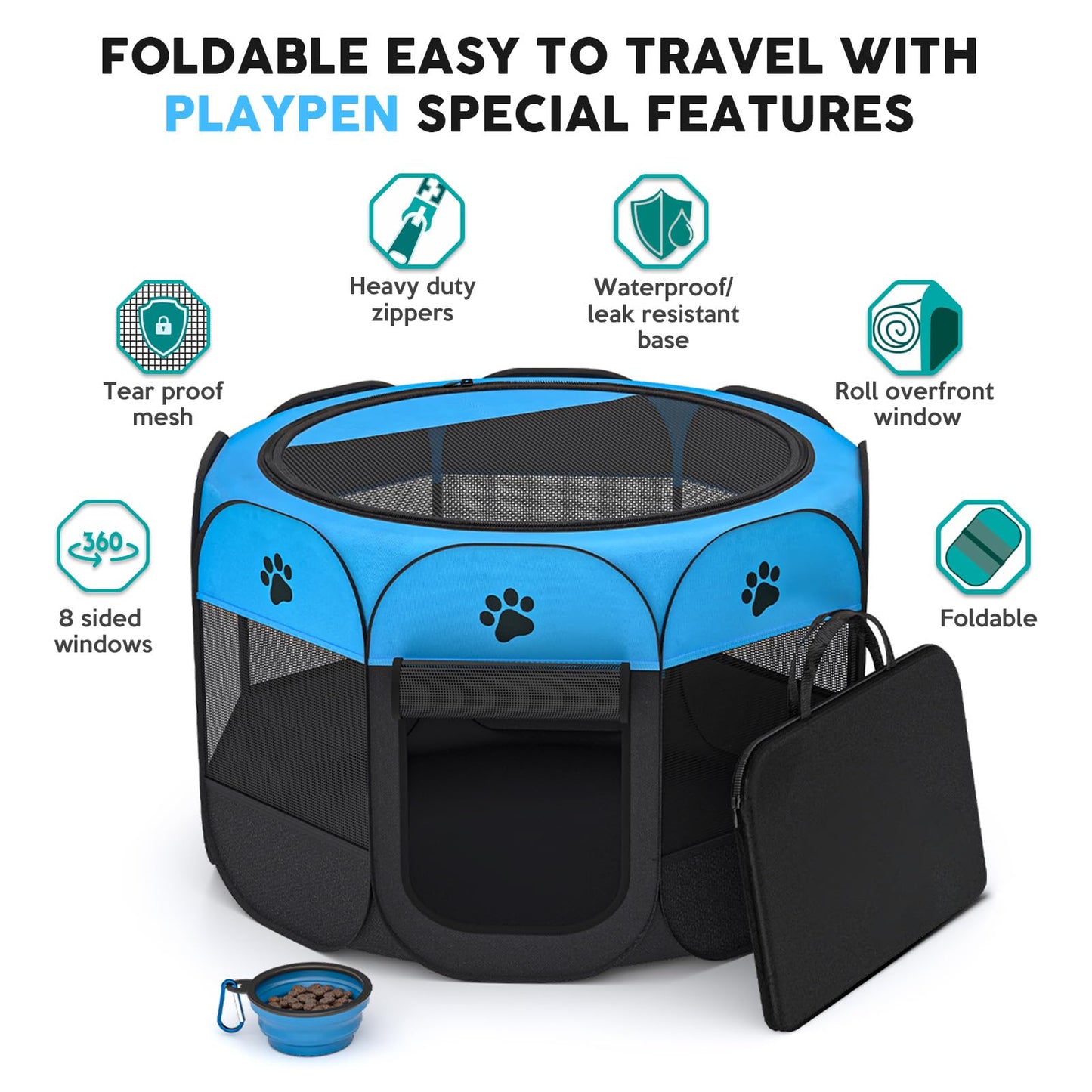 ZuHucpts Portable Foldable Pet Playpen/Dog Puppy Pen/Cat Tent cage | Indoor Outdoor Use | + Travel Bowl (Large 36" x 36" x 23", Bule)