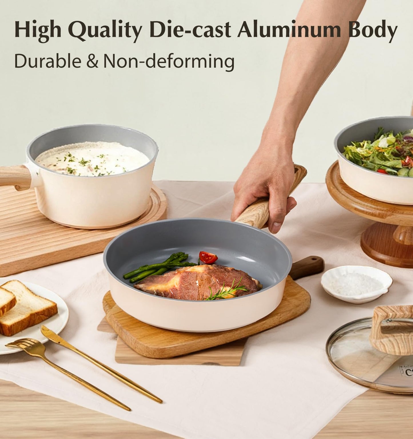 KOCH SYSTEME CS Non Stick Frying Pans Set 3 Piece, Nonstick Ceramic Frying Pans Heat-Resistant Handle, 8" 9.5" 11" Non Toxic Cooking Pan Set, Induction Compatible Skillet, Dishwasher Safe, Cream White