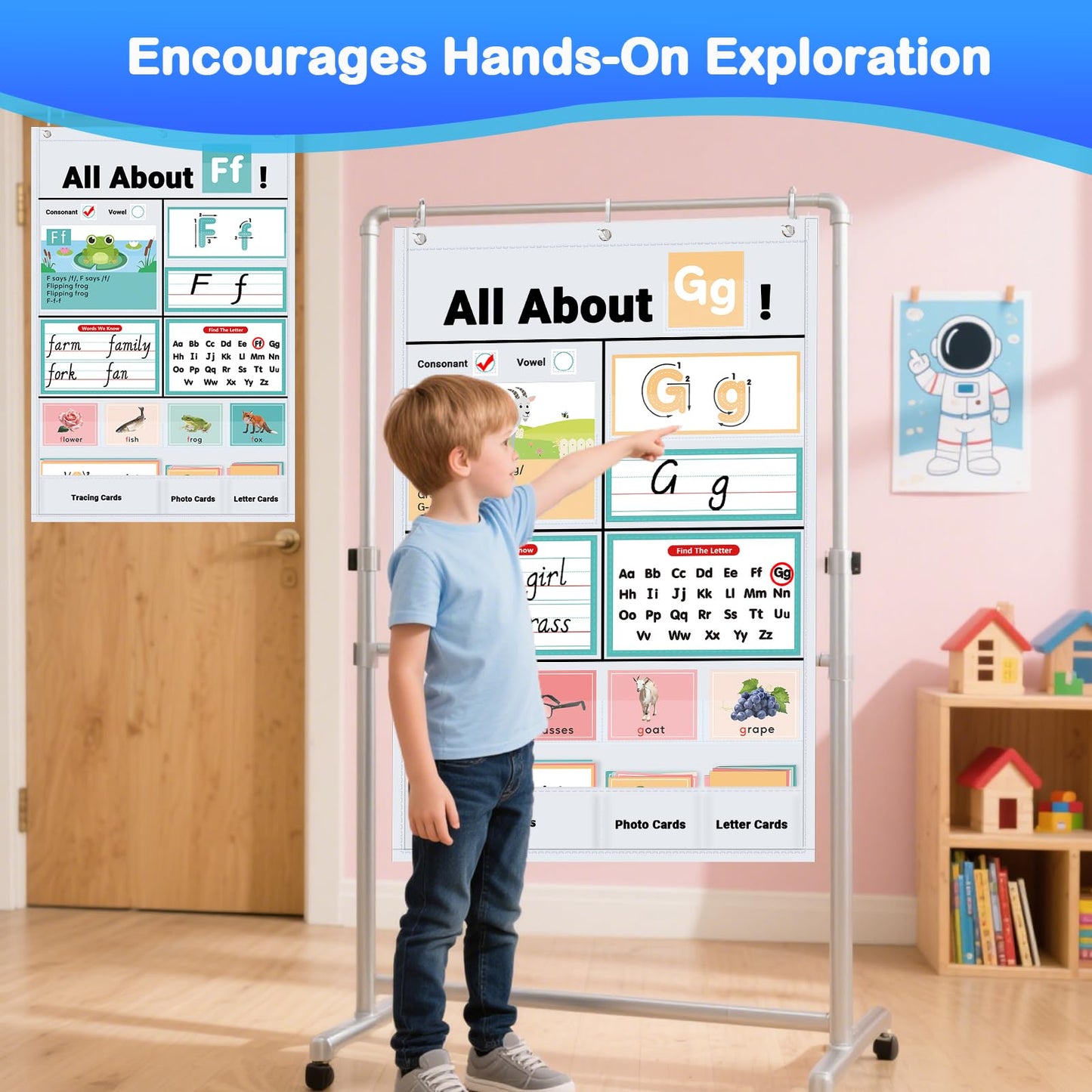 Klyrith All About Letters Pocket Chart for Classroom, Alphabet Learning Chart with ABC Flash Cards, Letter Tracing Educational Wall Chart, Circle Time Center Kindergarten Preschool Home Decor, (White)