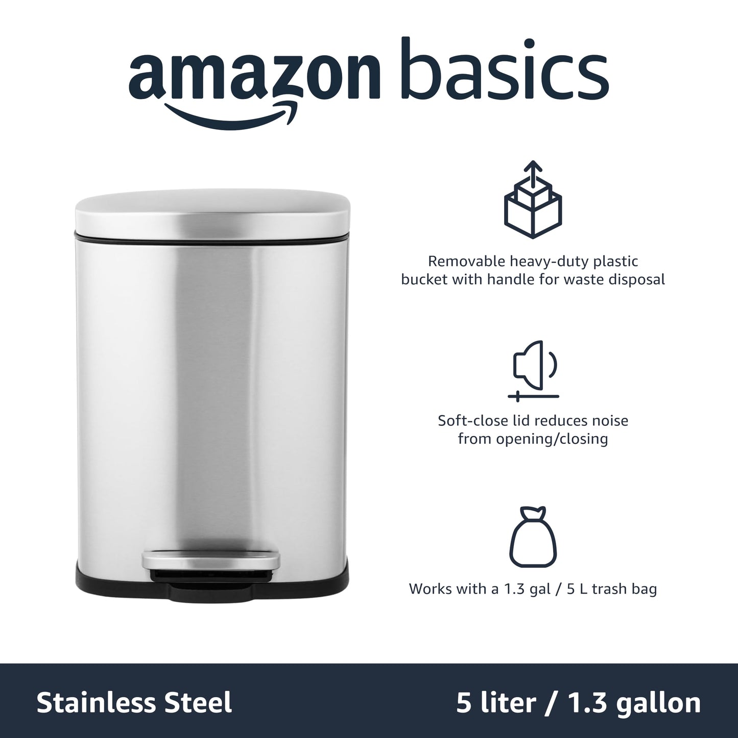 Amazon Basics Smudge Resistant Mini Rectangular Trash Can with Soft-Close Foot Pedal, Brushed Stainless Steel, for Bathroom & Small Space, 5L /1.32 Gal, Satin Nickel Finish, 18.5cm Lx21.6cm Wx30.0cm H