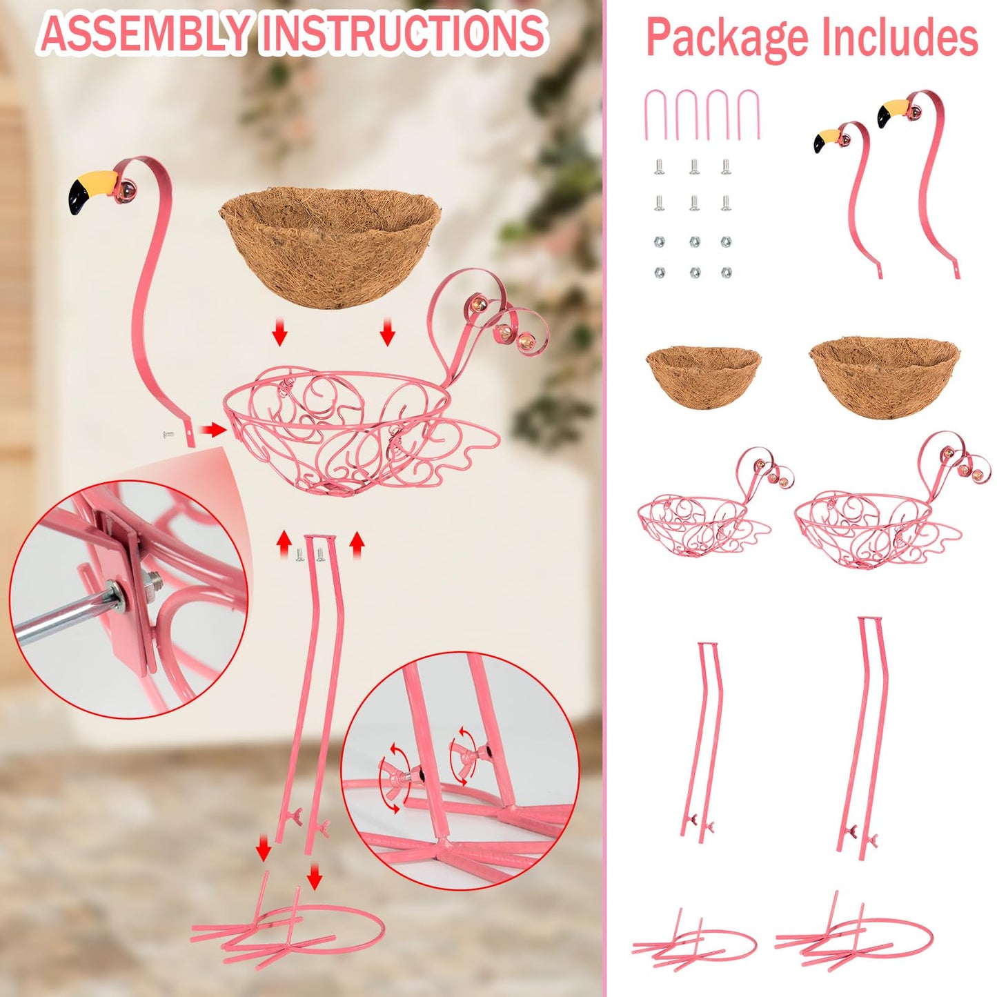 2Pack Metal Flamingo Planters Plant Pots, Pink Flamingo Flower Pots with Basket for Indoor Outdoor Garden Yard Patio Porch Decor (Pink)