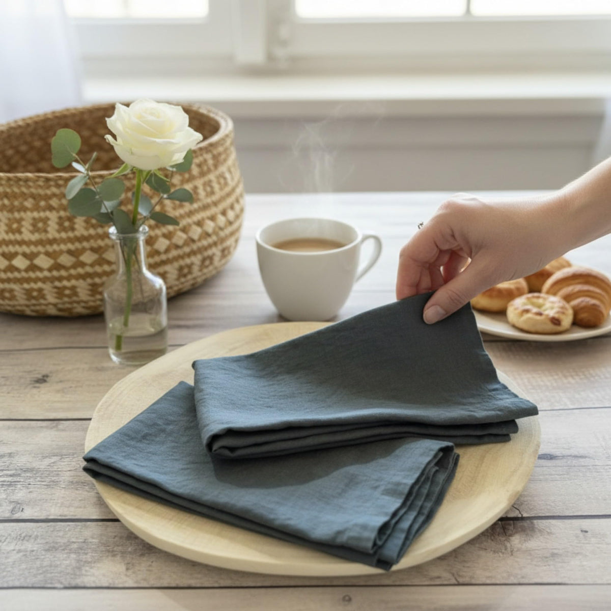 Eight Owls Linen Napkins – 100% Pure Stonewashed Linen Cloth Napkins – Mitered Corners - Created from French Flax - Size18 x18 Inch (45 x 45 cm) (Soft Teal Blue)