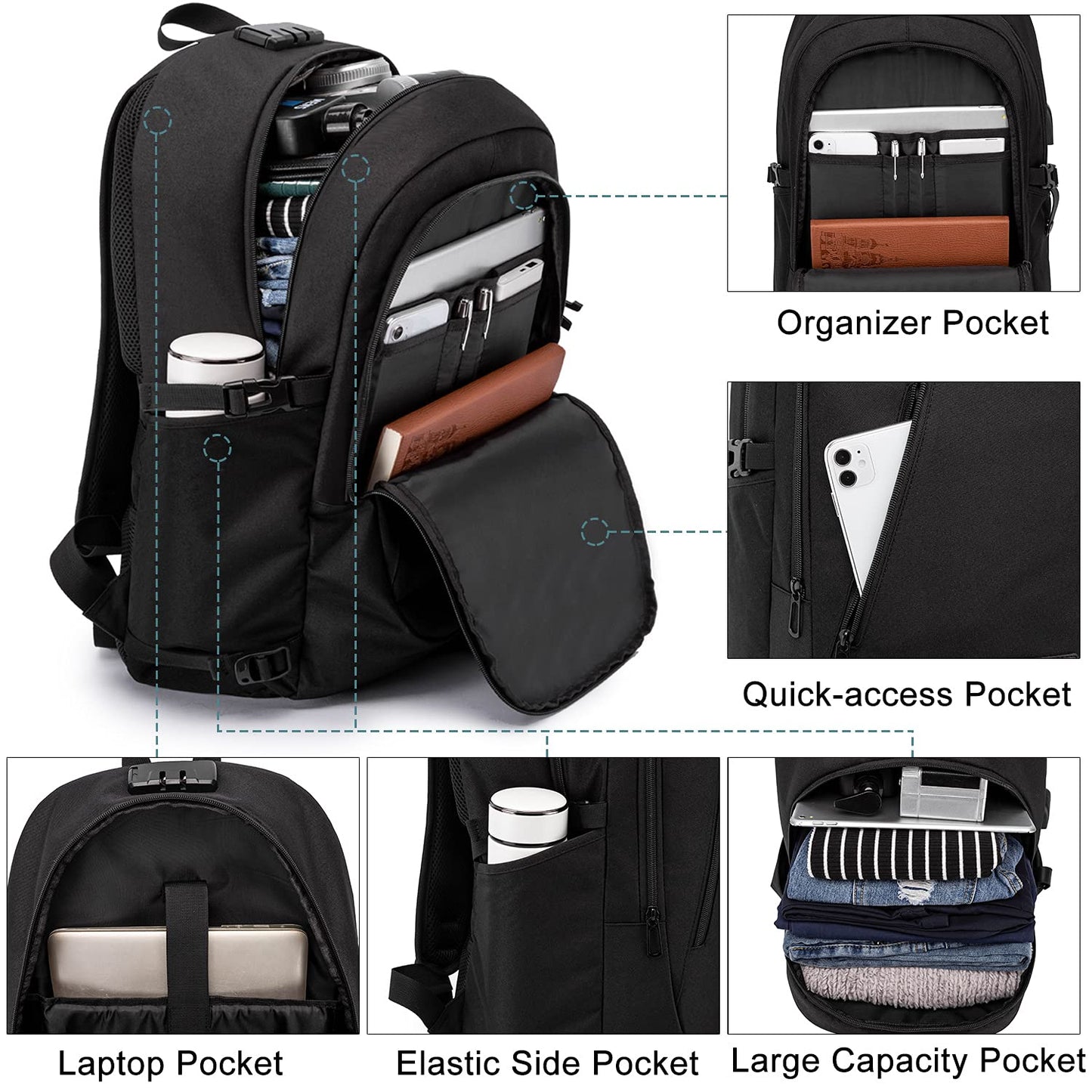 17.3 Inch Laptop Backpack,Large Travel Laptop Bag with USB Charging Port, Anti Theft Water Resistant Business Backpack for Men and Women, Durable Big Capacity Heavy Duty Computer Bag,Black