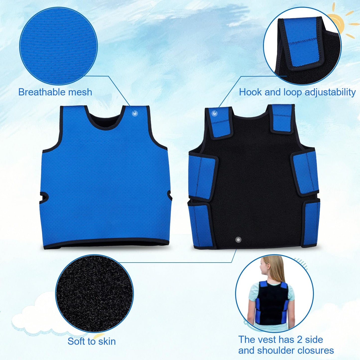 TOPARCHERY Sensory Compression Vest Deep Pressure Vest 17” x 30” Soft Breathable Form-Fitting (Medium，Blue)
