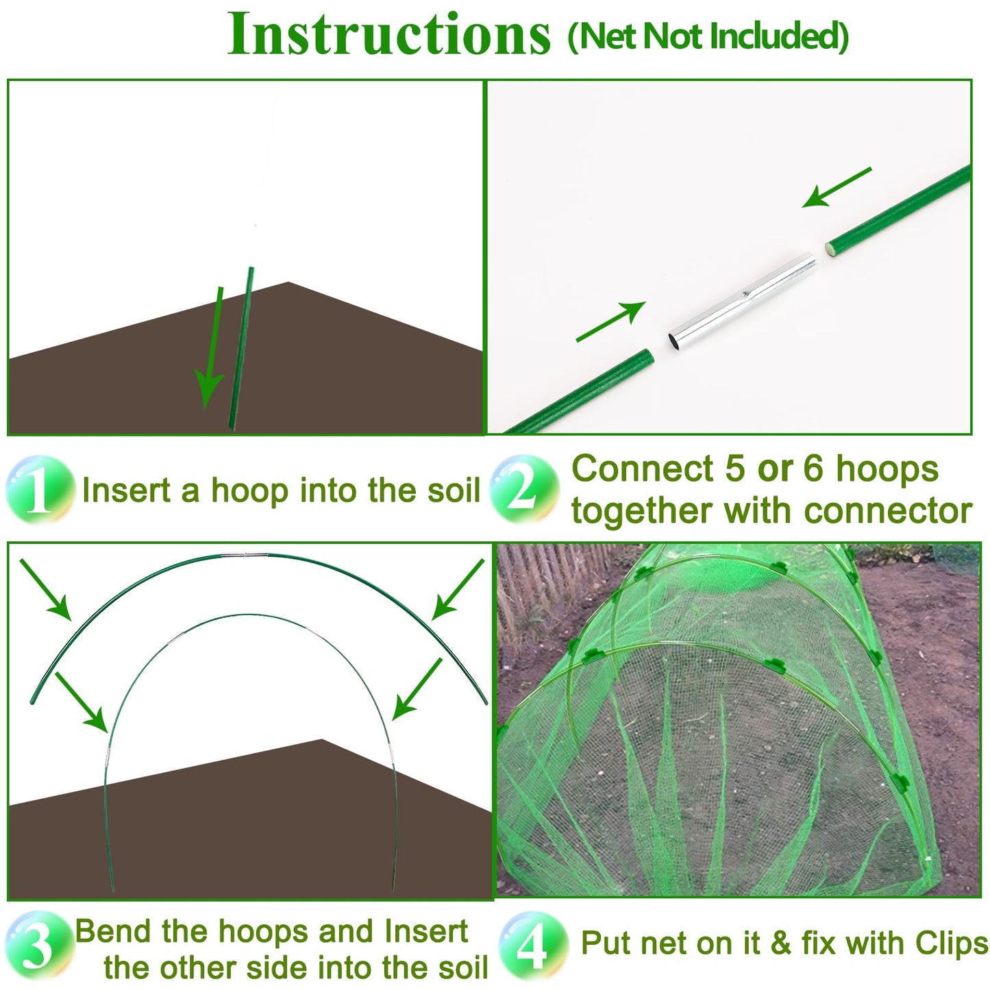 WYRJXYB 60Pcs Greenhouse Hoops Grow Tunnel for Raised Beds Netting,Flexible Garden Hoop Kit, Rust-Free Fiberglass Garden Hoops Frame for Graden Bed Plant Row Cover,DIY Plant Support Stakes-40Pcs Clips