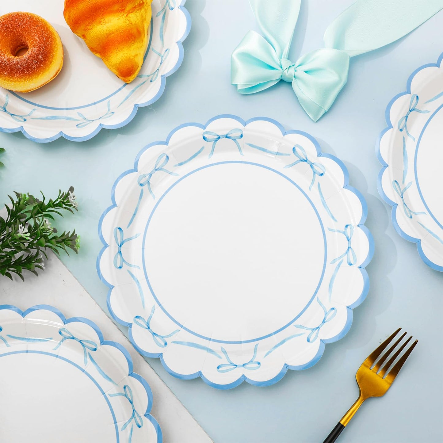 JarThenaAMCS 50Pcs Blue Bow Paper Plate Scalloped Bowknot Baby Shower Disposable Plate 9 Inch Decorative Dinner Plates for Birthday Party Table Decor