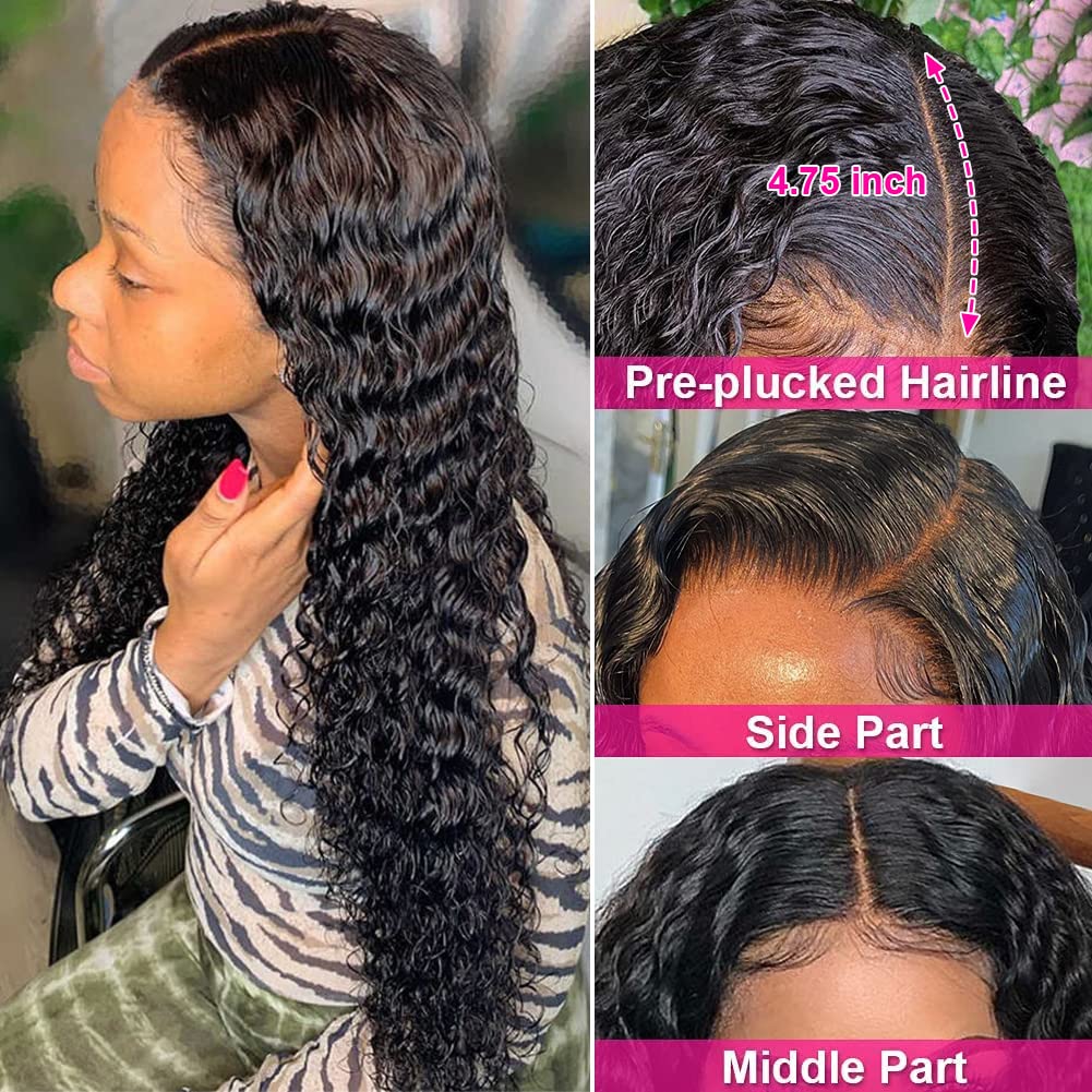 180 Density 13x4 HD Lace Front Wigs Human Hair Pre Plucked with Baby Hair Transparent Glueless Brazilian Deep Wave Frontal Wigs for Women Natural Black Color22 inch