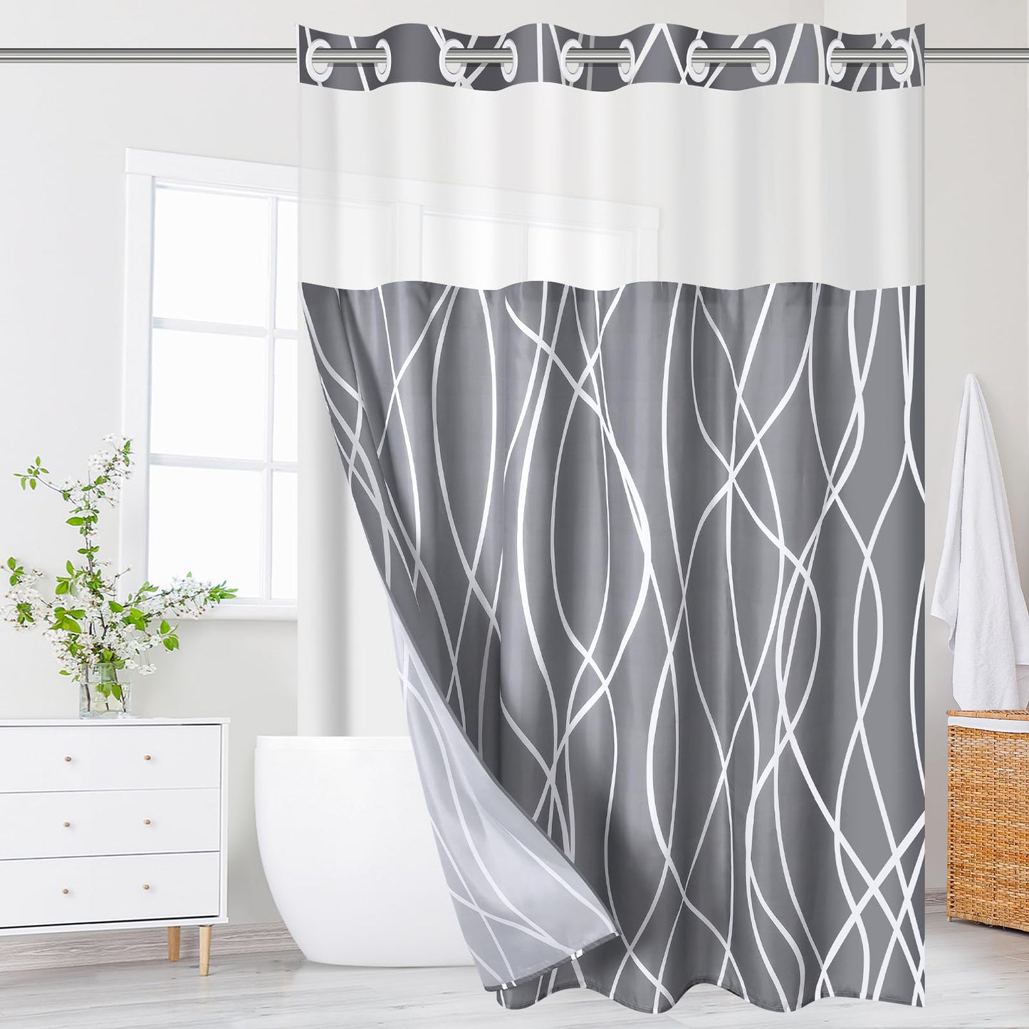 ECUCM Shower Curtain with Snap in Liner for Bathroom Bathtubs, Removable Shower Curtain Liner with 2 Magnets, Polyester Waterproof Soft Liner with See Through Mesh Top Window, (Grey, 71" W X 74" H)