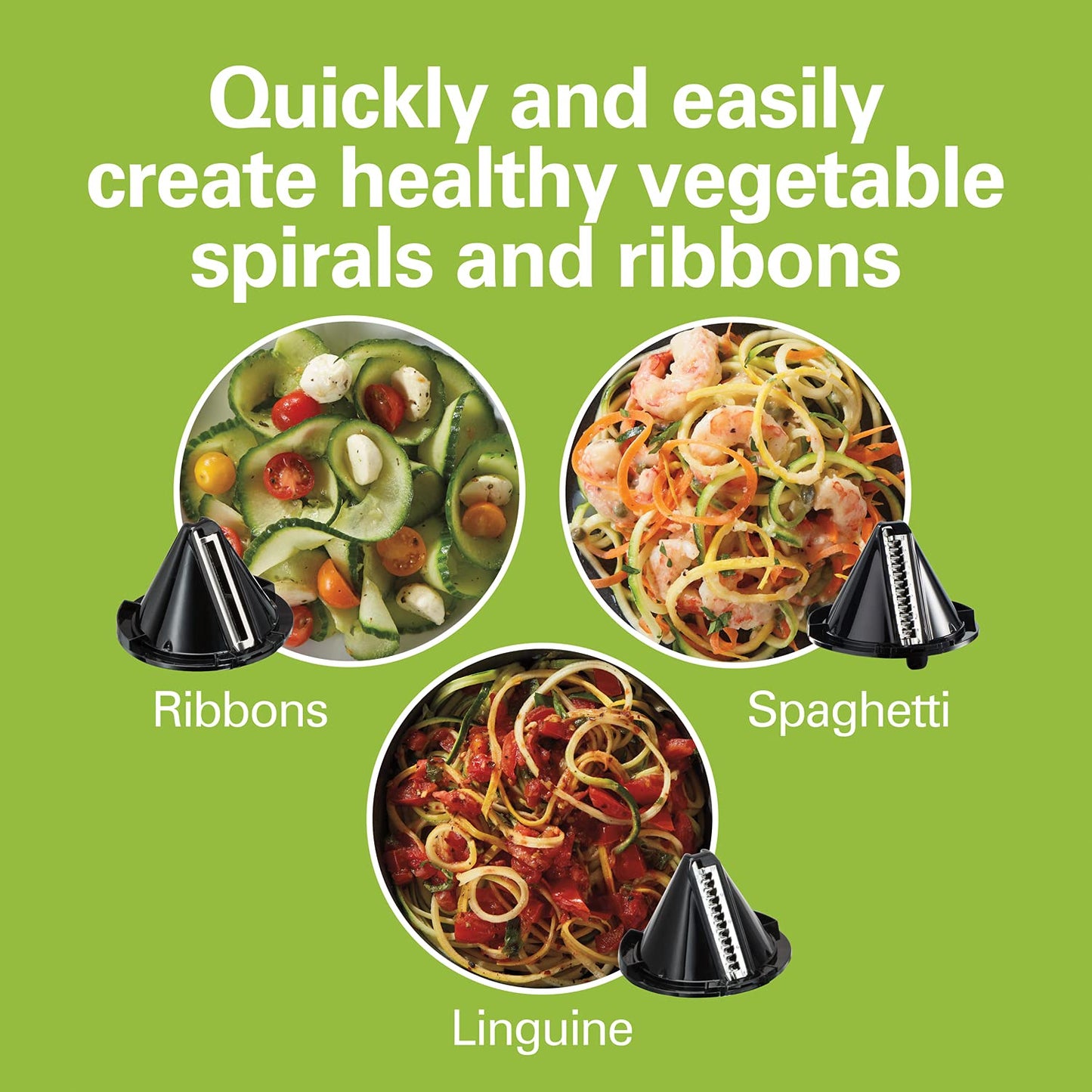 Hamilton Beach 3-in-1 Electric Vegetable Spiralizer for Veggie Noodles, Zoodle Maker & Slicer, 3 Cutting Cones for Spaghetti, Linguine and Ribbons, 6 Cup Bowl, 60 Watts, Black (70930)