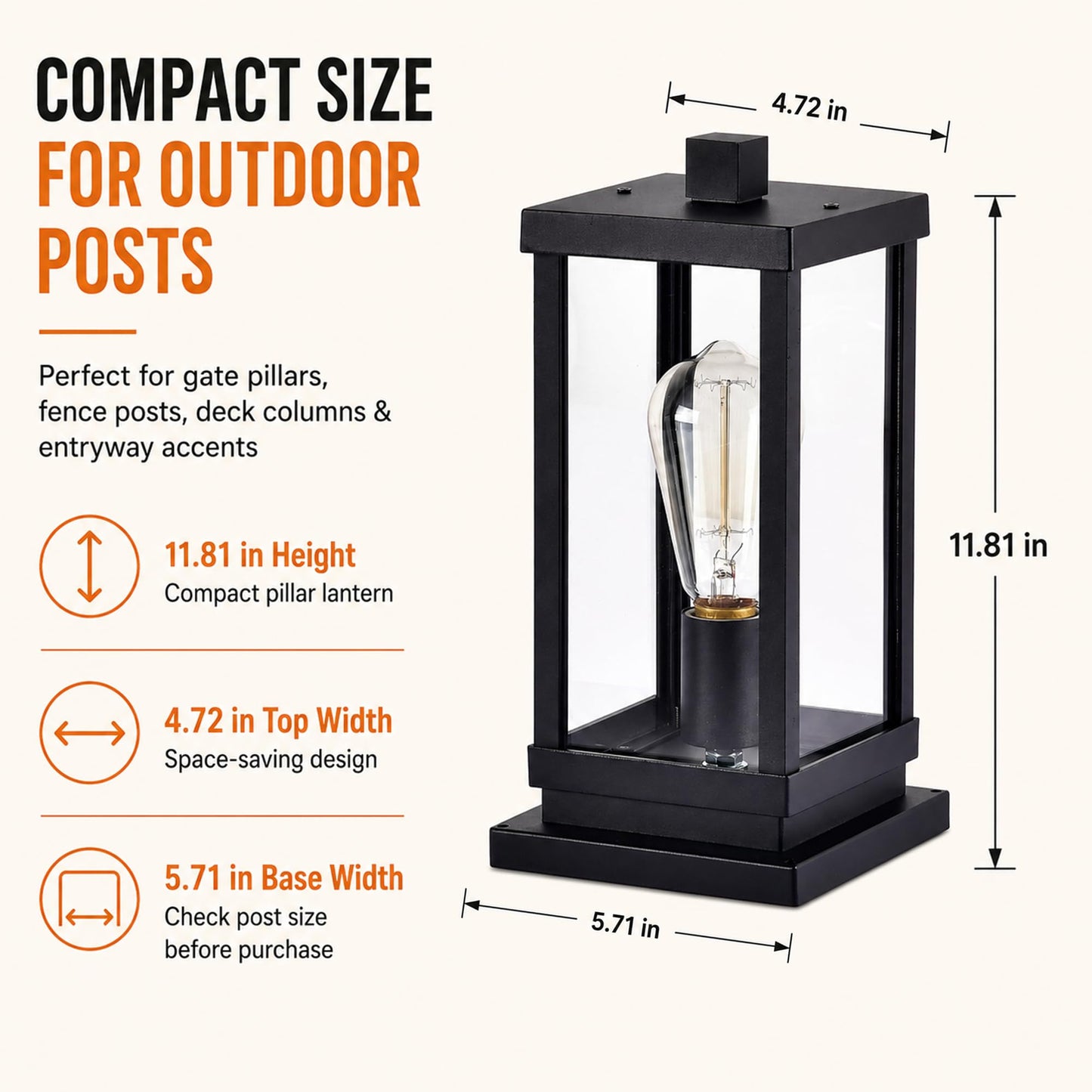 Modern Outdoor Post Light Fixture, Hardwired Aluminum and Clear Glass Lamp Post Lantern, Waterproof Exterior Light for Yard, Driveway, Garden, Gate Pillar,E26 Base (Bulb Not Included)