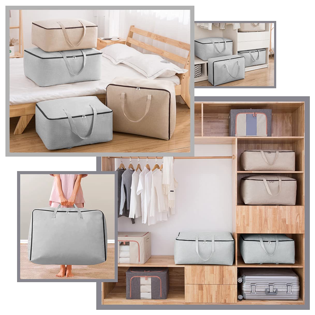 iwill CREATE PRO Breathable Canvas Cotton Soft Storage Bags with Handles & 3-side Zip, Good for Cotton Clothes Bedding Organizer Bins, Beige, 3pcs