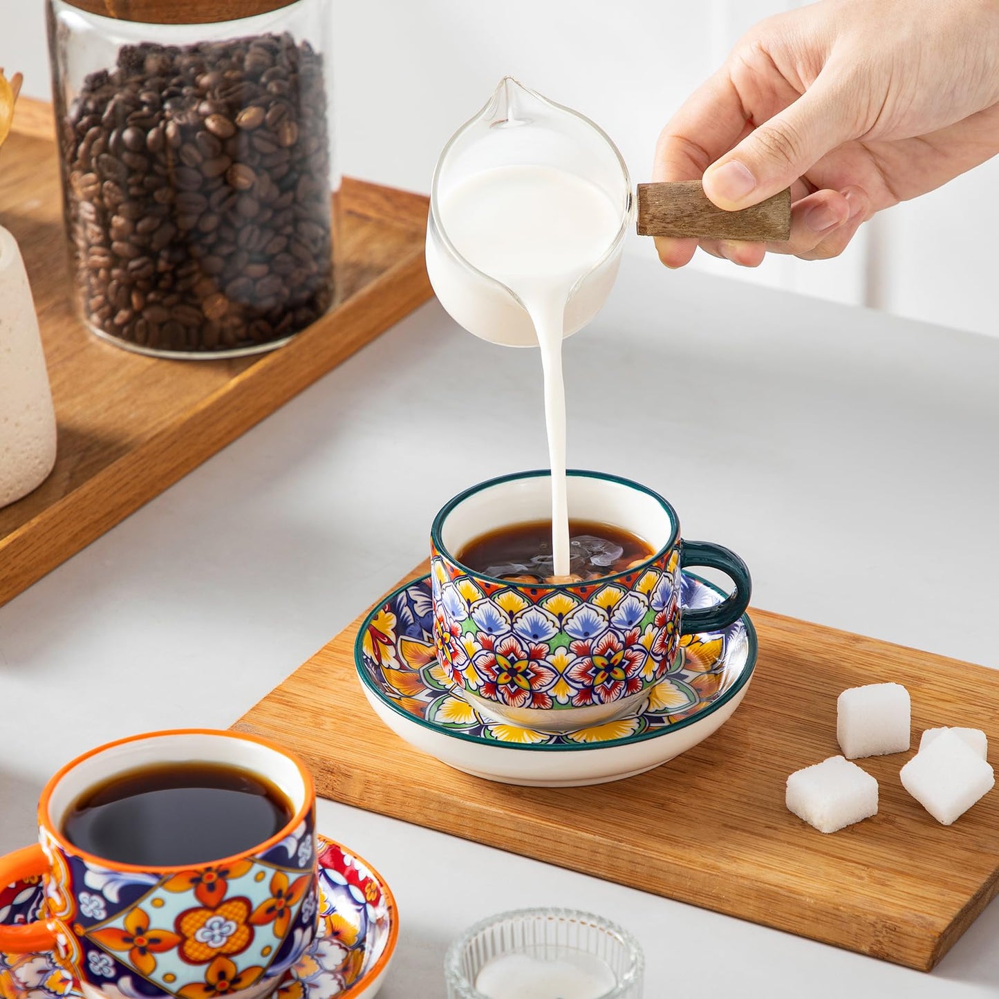 vancasso 4 Oz Stackable Espresso Cups with Saucers and Metal Stand Set of 4,Bohemian Ceramic Cappuccino Cups - Microwave and Dishwasher Safe, Perfect for Tea, Espresso, Latte, Cafe-02