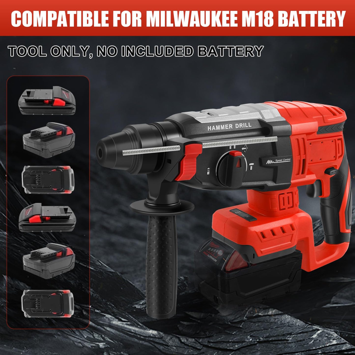 Cordless Rotary Hammer Drill Compatible with Milwaukee 18V Battery, Brushless SDS Plus 2.6 Joules Hammer Drill with 4 Modes and 5 Drills, 360°Auxiliary Handle (Battery not Included)