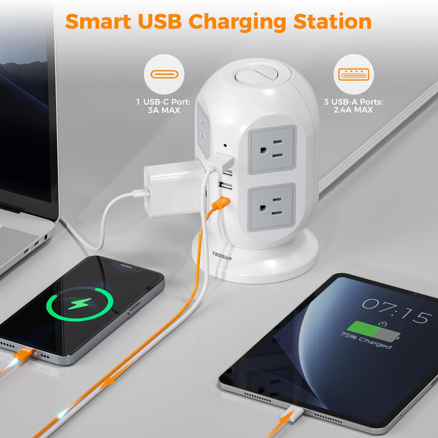 Flat Plug Tower Power Bars with Surge Protector, TESSAN 10 Ft Power Strip Extension Cord Indoor, Charging Station with 8 Multi Outlets, 4 USB Ports (1USB C), Home Office Dorm Room Supplies, Gray