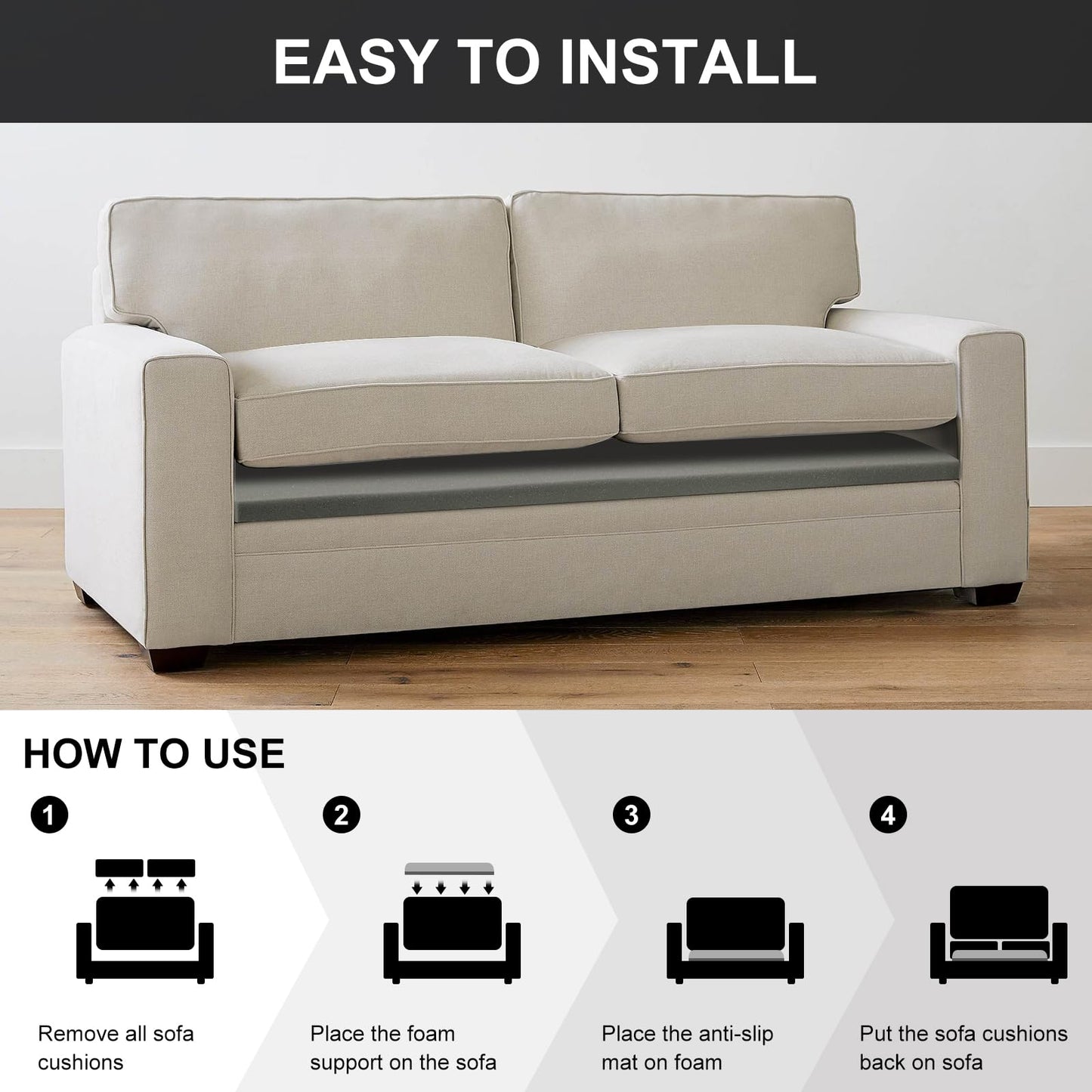 HAVARGO Couch Cushion Support High Density Foam 24X24X2.4 Inches Sofa Couch Supports for Sagging Cushions Light Grey 3Pc