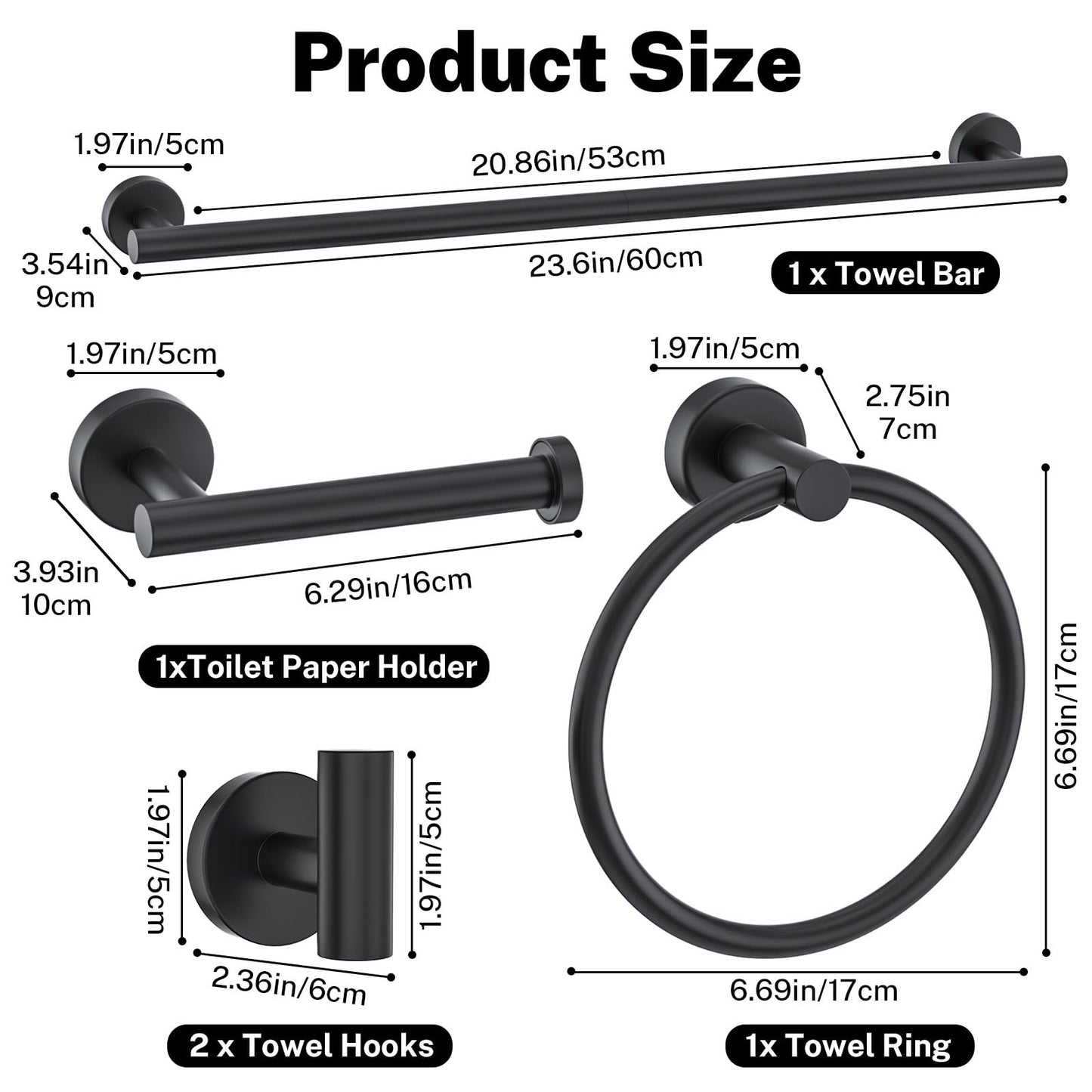 5 Piece Matte Black Towel Bar Set Round Bathroom Hardware Set Includes 23.6in Towel Bar Round Towel Ring Toilet Paper Holder Towel Hooks Stainless Steel Wall Mount Bathroom Accessories Set