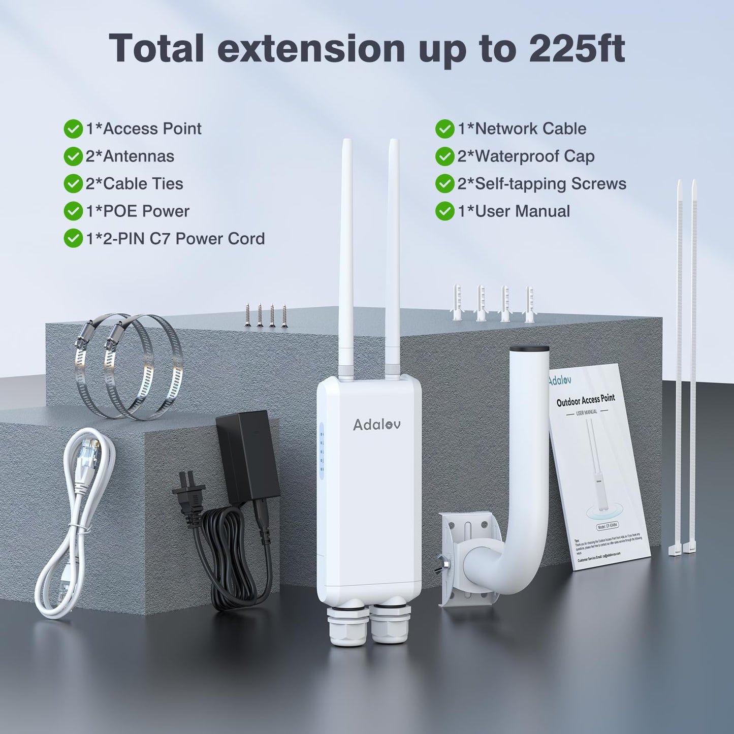 Dual Band Outdoor Access Point with Bracket Mount, Adalov 1200Mbps High Power Outdoor IP66 Weatherproof Access Point,Wireless Gigabit PoE Powered with 2.4GHz+5.8GHz