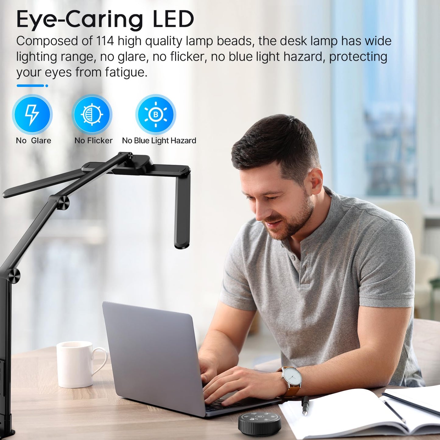 Syrinx LED Desk Lamp, Architect Desk Lamps Home Office with Gesture Switch & Remote Control, 24W Bright Desk Light with 50 Light Modes Eye-Caring Desk Lamp with Clamp for Reading Study Workbench