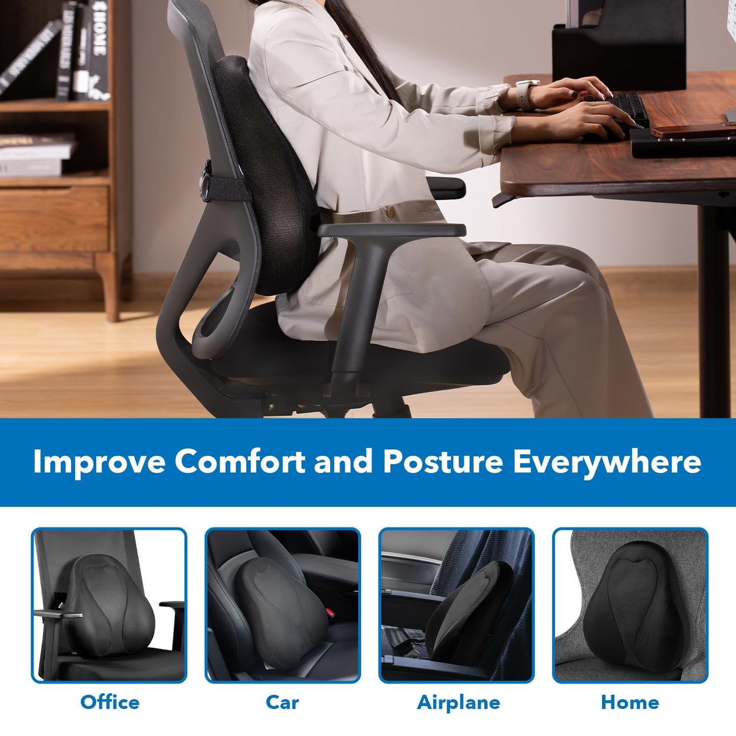 Mount-It! Office Chair Cushion, Lumbar Support Pillow for Office Chair, Back Support for Work, Office, Gaming with Memory Foam Filling for Back Pain Relief, Improve Posture, Black with Washable Cover