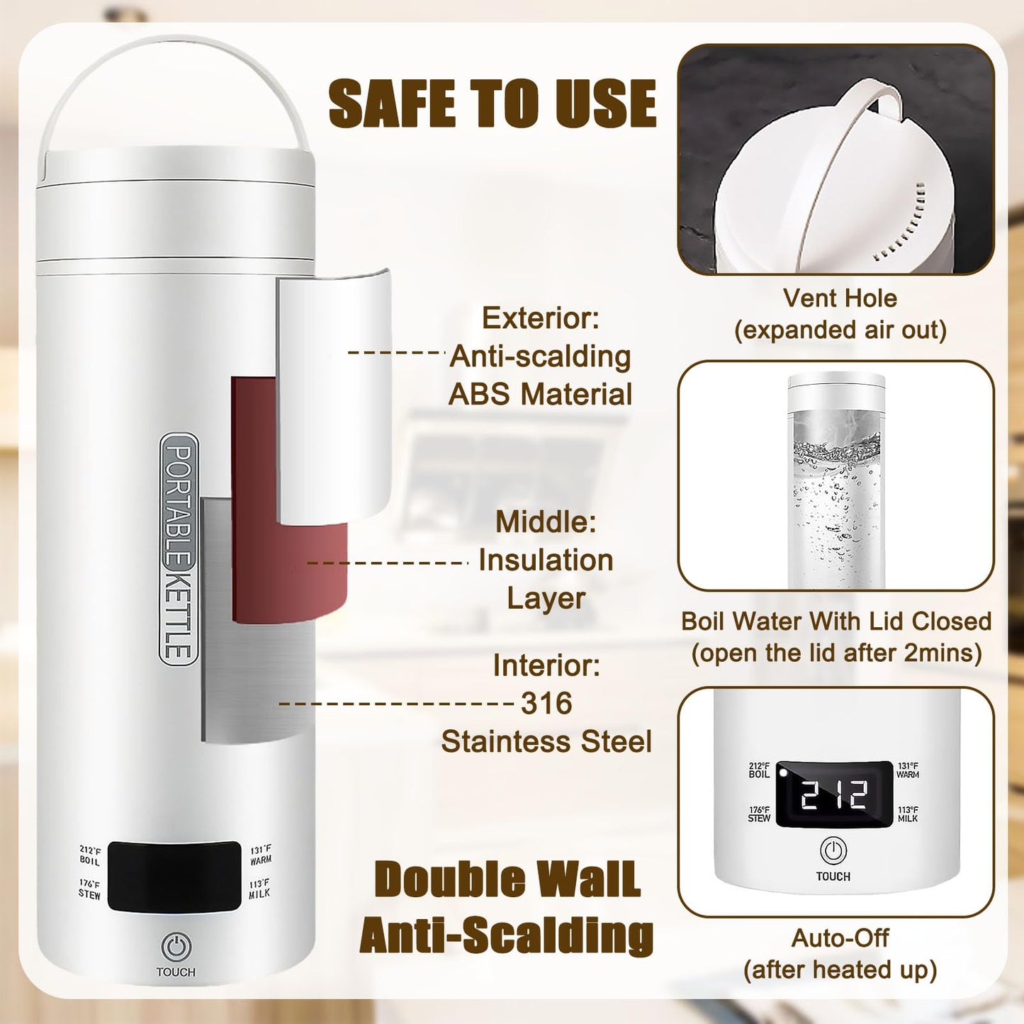 Portable Electric Kettle, Electric Travel Kettle With 4 Smart Tempe Preset, Mini Tea Kettle Leakproof Coffee Kettle with Clean Brush and Auto Shut-Off