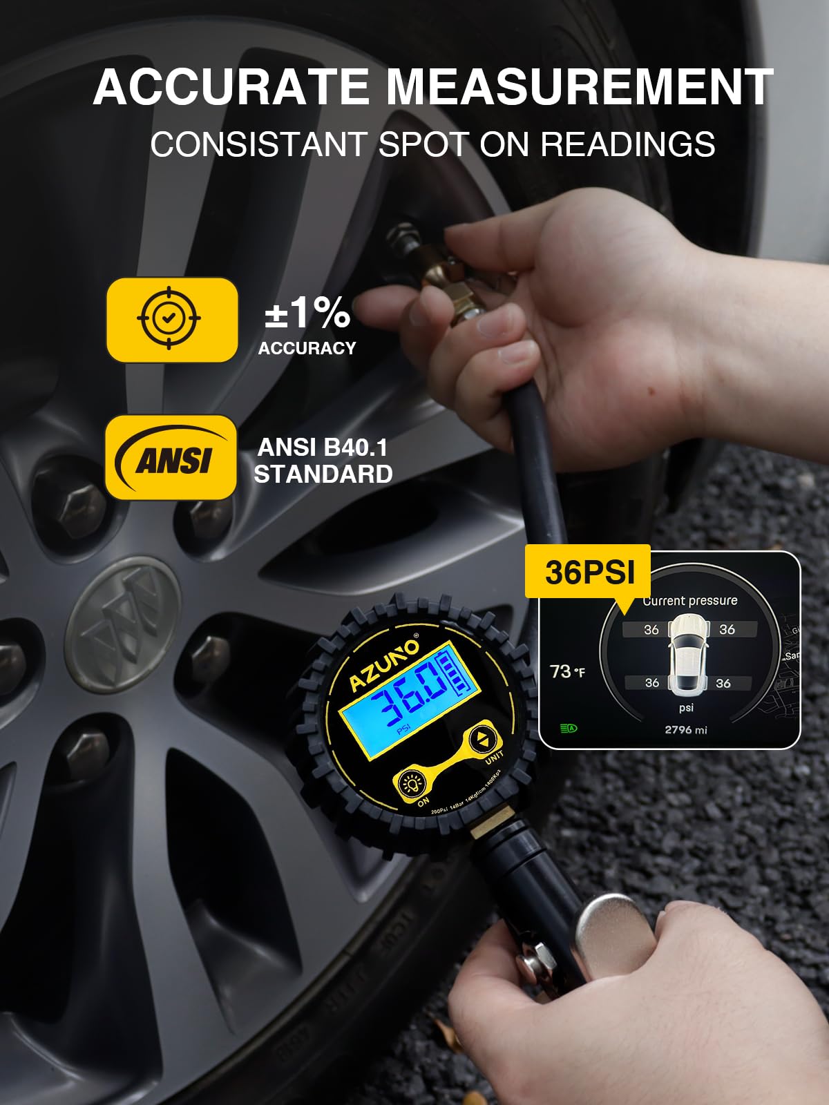 AZUNO Digital Tire Inflator with Pressure Gauge, 200 PSI, Heavy Duty Air Compressor Accessories, w/Rubber Hose Lock on Air Chuck and Quick Connect Coupler (with Case)