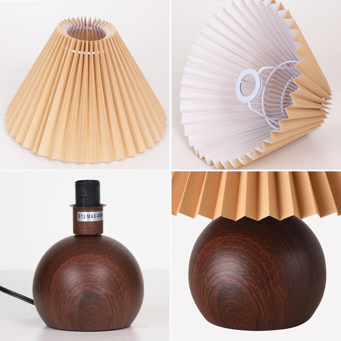 KUNJOULAM Small Pleated Table Lamp, Modern Bedside Nightstand Lamp with Coffee Lampshade, Metal Base Cute Lamp for Bedroom Living Room Home Office Decor E12 Bulb