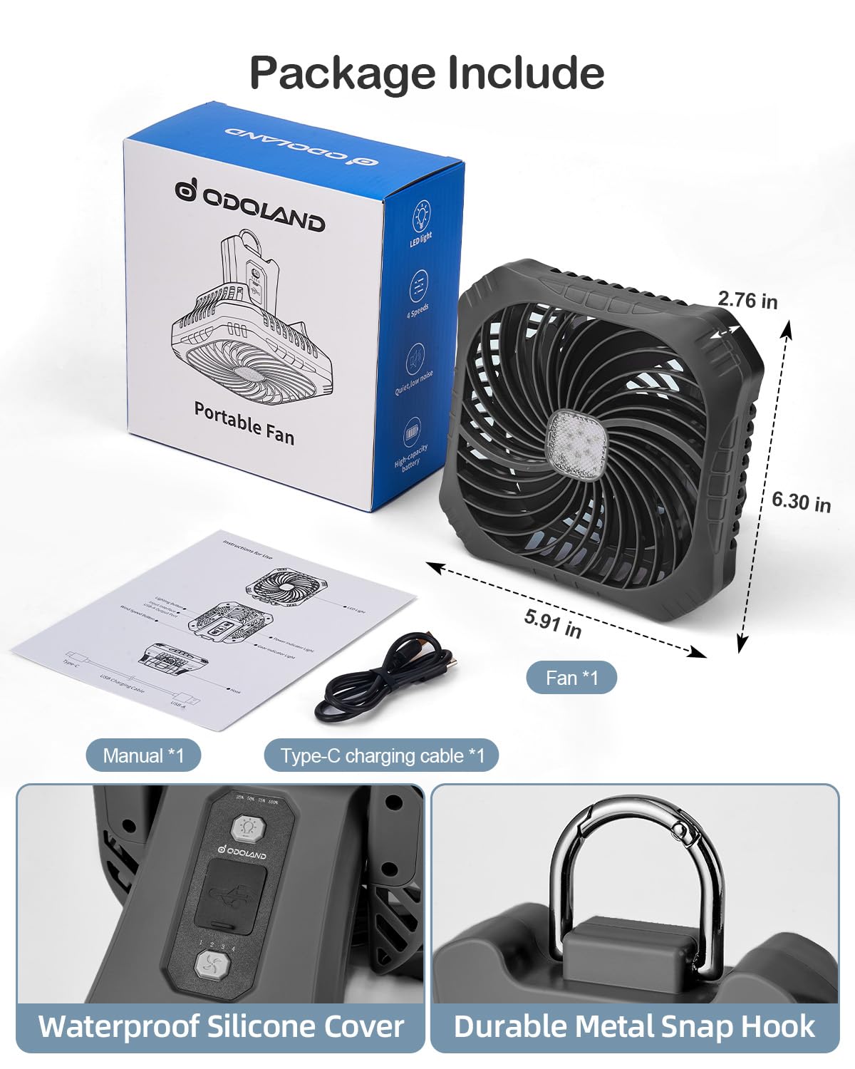 Odoland Portable Tent Fan with LED Lights - Rechargeable Camping Fan with 4 Speed Settings and 3 Light Modes for Hurricane Emergency Outages Camping, RV, Road Trips,Black