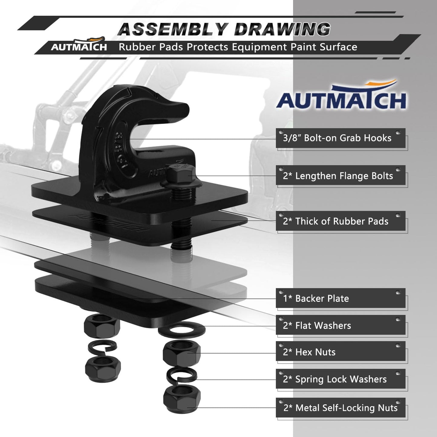 AUTMATCH Tractor Bucket Grab Hook 3/8" - Grade 70 Forged Steel Bolt On Grab Hook (2 Pack) - Max 18,000Lbs Tow Hook Mount with Backer Plate & Rubber Pads, Work for Tractor Bucket, Truck, RV, UTV, Black