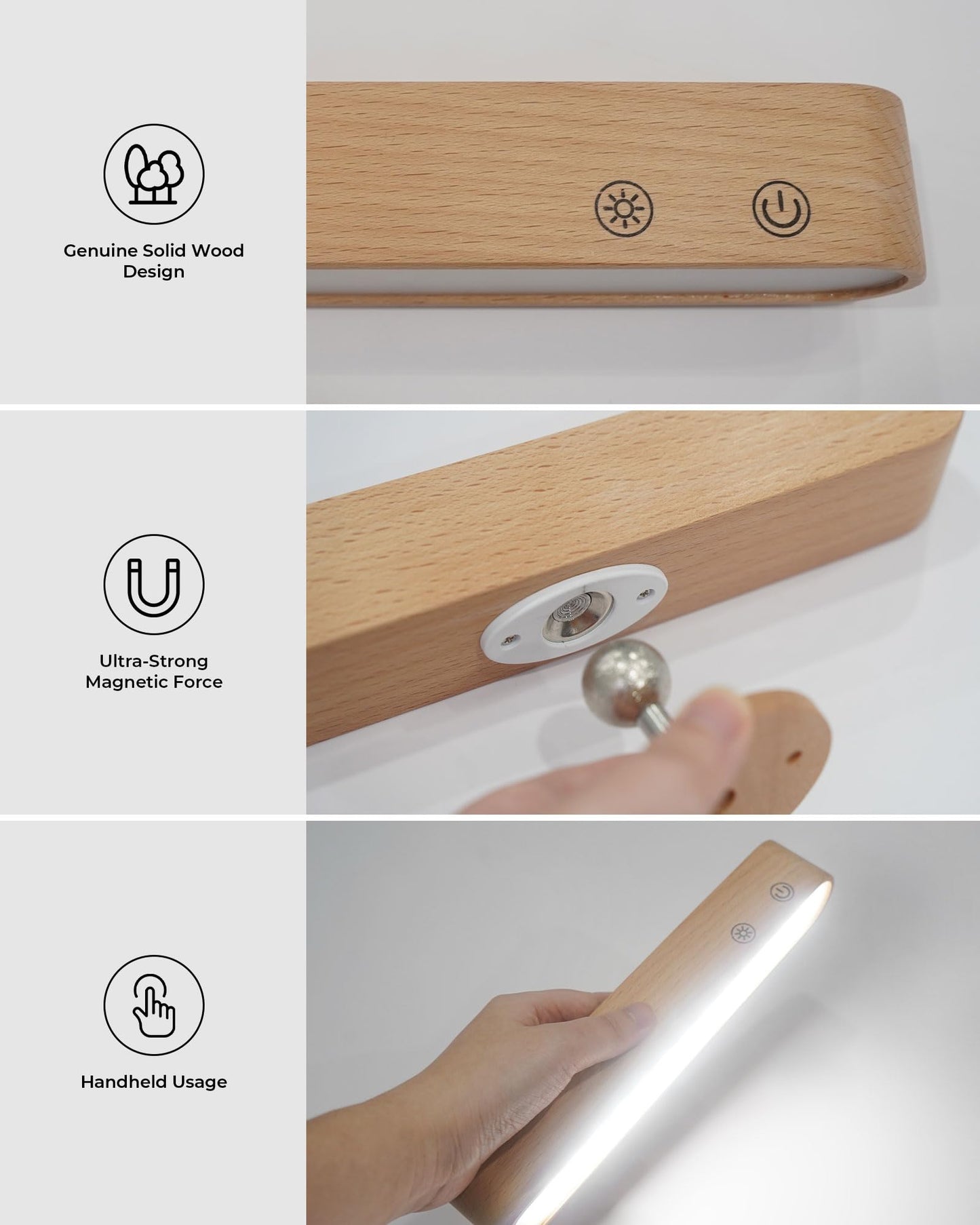 PopoIron Rechargeable 7500mAh LED Wall Sconces for Bedroom,Battery Operated Wall Lights with Remote Control and Touch,360° Magnetic Rotation,3 Colors Dimmable Wood Wall Lamps with 15 RGB Colors,2 Pack