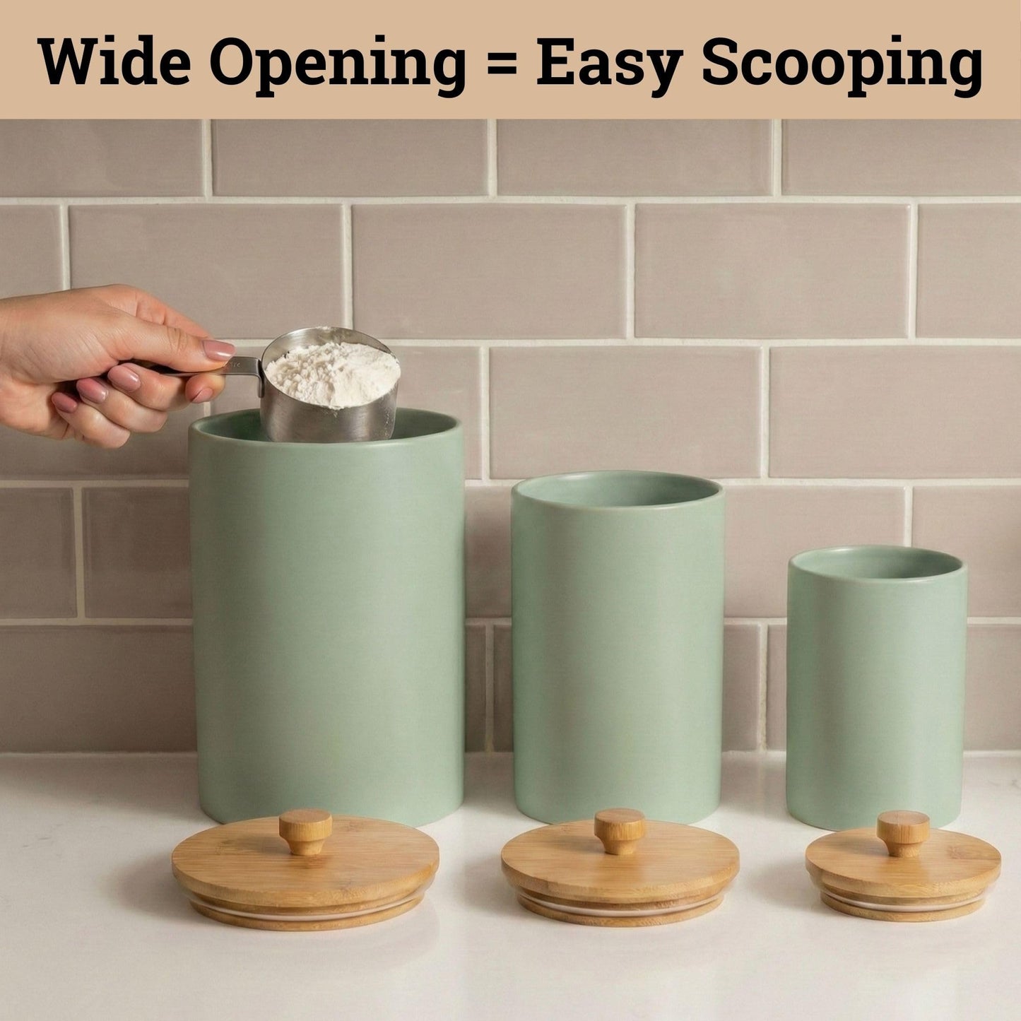Ceramic Kitchen Canisters for Countertop Set of 3 with Airtight Bamboo Lids - Sage Kitchen Canisters with Airtight Lids - Flour Sugar Canister Set - Flour and Sugar Containers Farmhouse - Coffee Jar