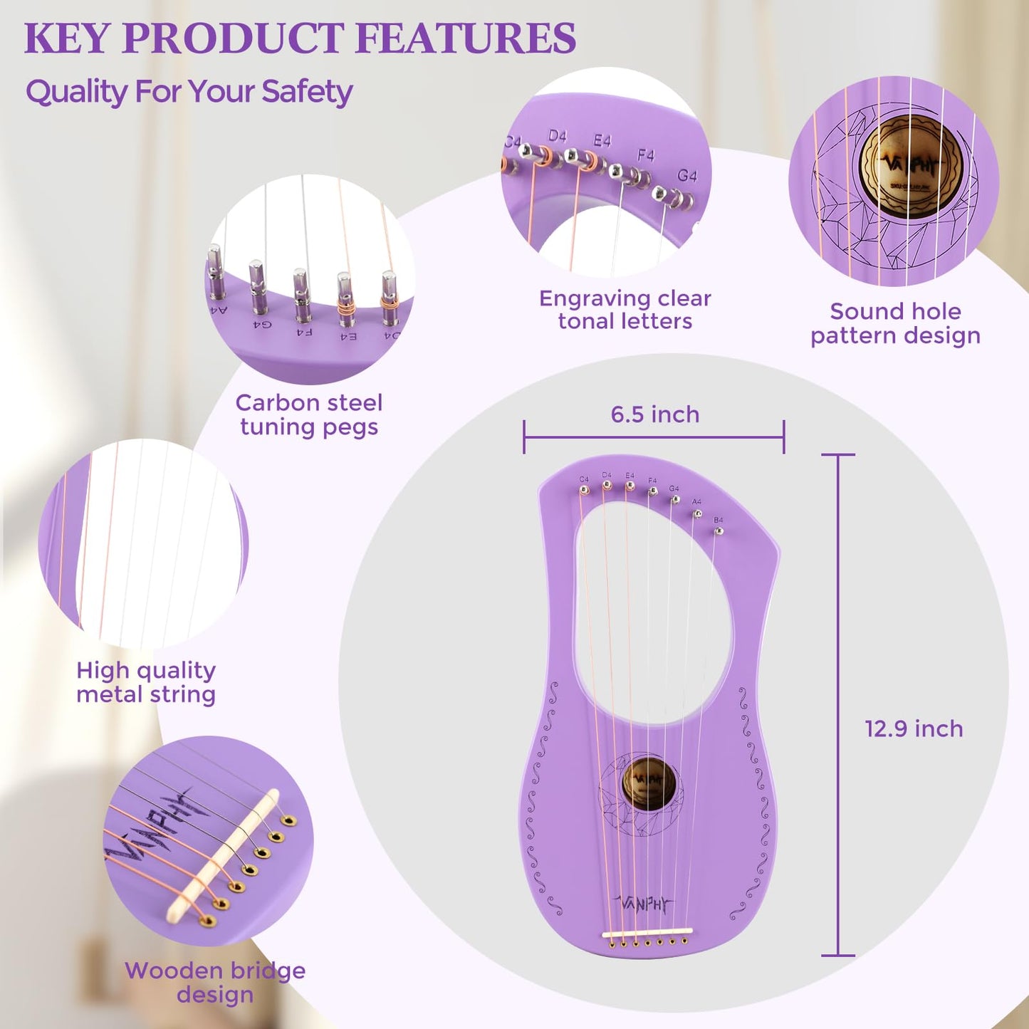 Lyre Harp VANPHY Lyre Harp 7 Strings Mahogany Body Metal String for Beginner Harps Classical Style Harp Instrument with Tuning Wrench Strings Gig Bag (Purple)