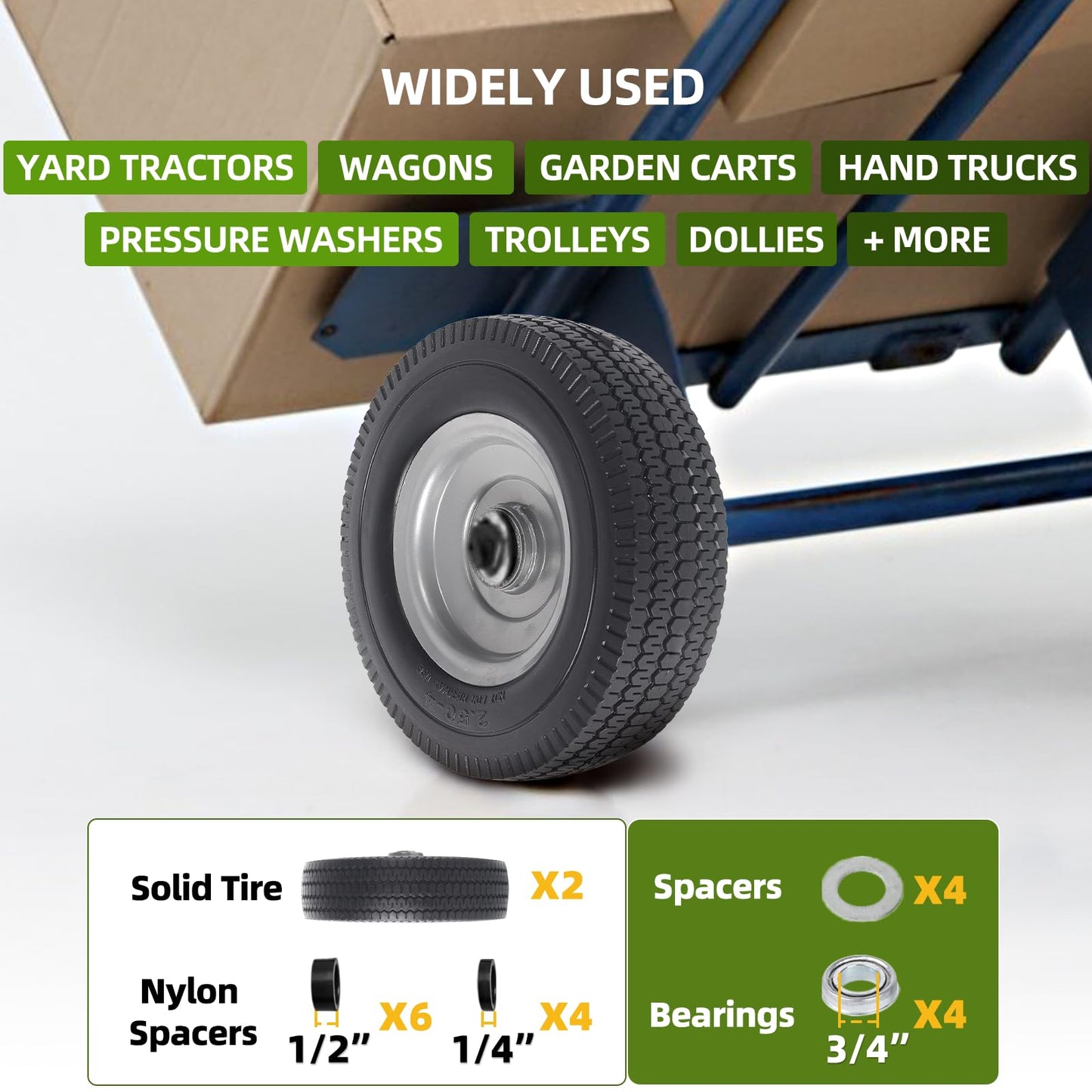 (2-Pack) AR-PRO 2.50-4” Solid PU Run-Flat Tire Wheel Assemblies - 8” Flat Free Tubeless Tires and Wheels for Utility Equipment - 5/8” Axle Bore Hole, 2 1/4” Offset Hub, and Double-Sealed Ball Bearings