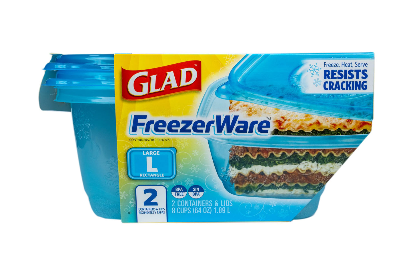 Glad GladWare Freezerware Food Storage Containers - Large Rectangle - Meal Container Holds up to 64 Ounces of Food - Lock Tight Seal, 2 Count - 6 Pack